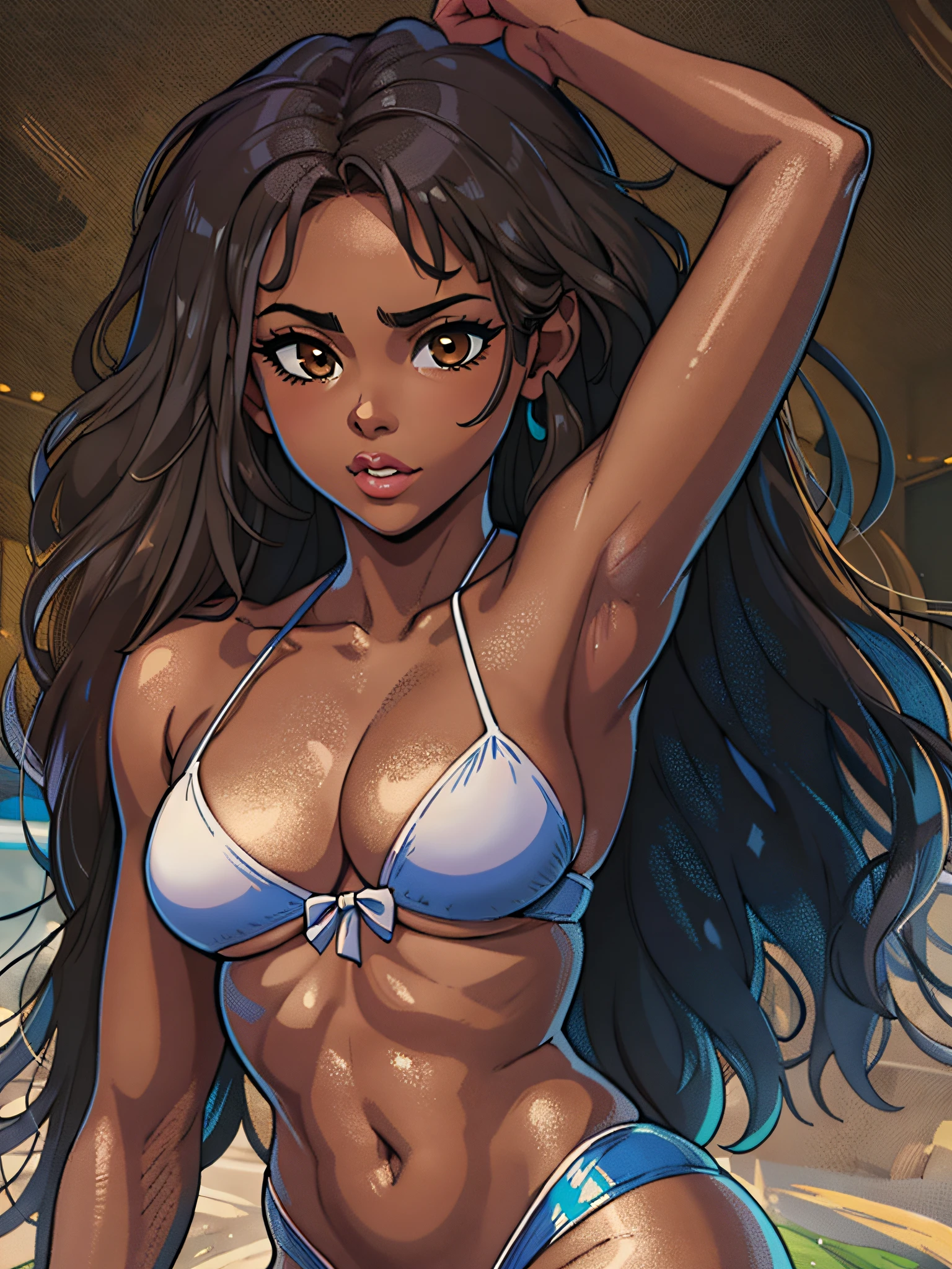 (best quality, masterpiece, illustration:1.1), [[[1girl]]], black teenage girl, big boobs, round brown eyes, long hair, [[[blue micro bikini]]] beautiful, highly detailed, 4k, perfect proportions, perfect body, rich quality, hd, ultrahd, perfect hands, perfect generated hands, [[[thin]]], [[[no muscles]]], (((thin!)))