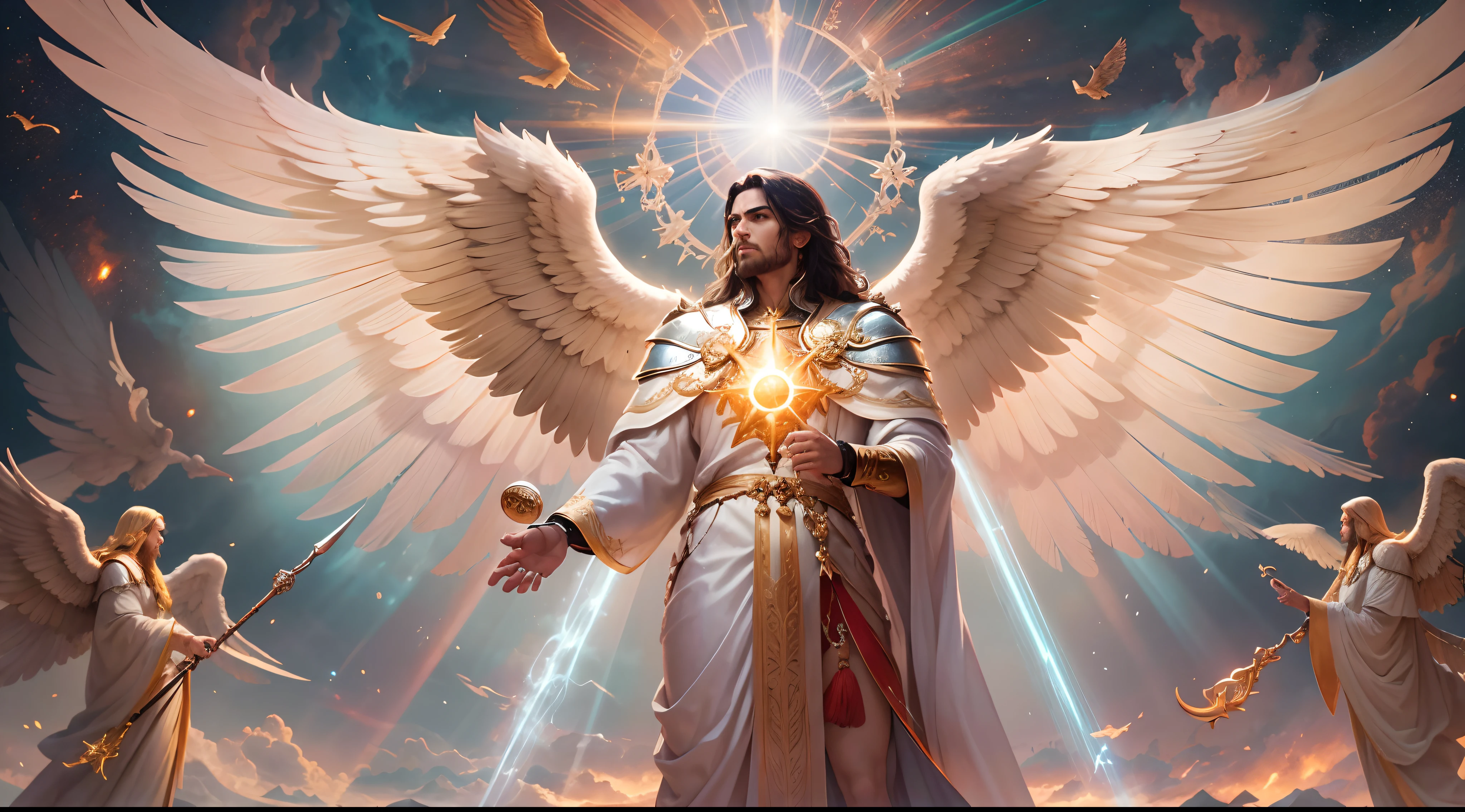 There is a painting of 3 beautiful angels with big wings in the sky, 3 Anjos majestoso de corpo inteiro, vestido com roupas brancas e vermelhas, biblical accurate angel, 3 Arcanjos Miguel, Gabriel e uriel, 3 anjos protegendo em guarda, angel spirit guide, angelic, Arcanjo Miguel, Gabriel e Uriel, humano alado, epic angel wings, anjos lindos, anjos, being brilliant angelic, Angelic, Tema de anjos, Alto Anjos tiro distante, Biblical setting, anjos guerreiros, with a spear in his hand, vestes vermelhas estilo soldado romano, anjos aparentando idade de 40 anos e majestosos, um personagem masculino, o arcanjo Miguel, Gabriel e Uriel, imagem celestial, detalhes intricados, realista, asas ROSAS e grandes, Angelic background, Catholic illustrative image of the archangels Michael, Gabriel e Uriel, Male character of the Bible, Michael is wearing his angelic armor, cosmic background, Illumination on the Archangels and in the background, imagem do corpo todo dos anjos, Maximum detail and his angelic face and wings, pele perfeita realista, Maximum image quality, Miguel, Gabriel e uriel ele esta destacado na imagem com cores fortes e chamativas. with a spear in his hand, 3 arcanjos perfeitos, 3 anjos perfeitos, perfeitos