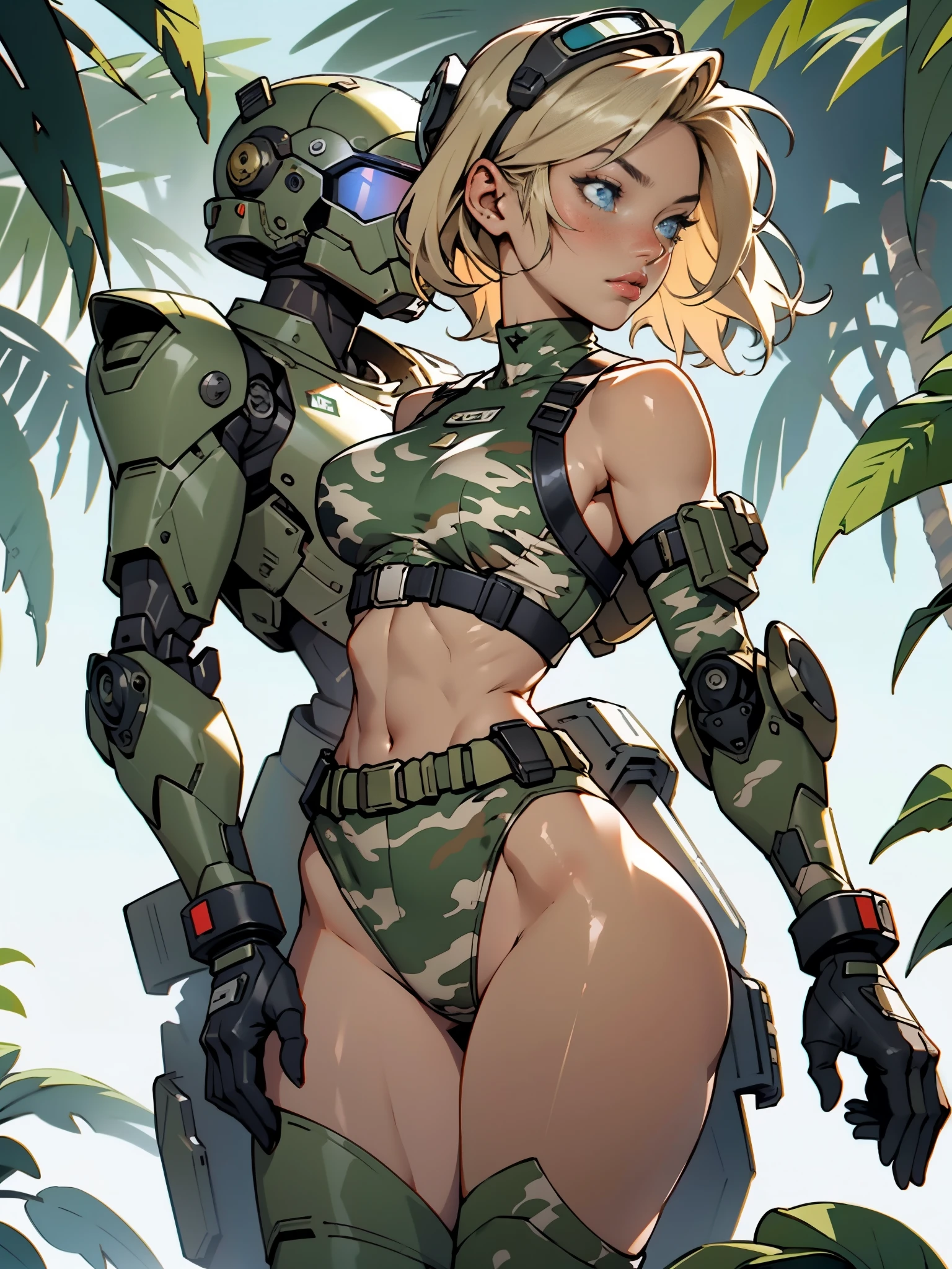 1woman 20 years old, max resolution, sculpted, military, wearing a soldier helmet, beautiful, perfect body, blonde hair, blue eyes, perfect body, thin waist, , large breasts, slim thighs, jungle background, armored vehicle, military robot, camouflaged uniform, tight panties, two-piece, highly detailed, high resolution, perfect hands, rear view, camo, from behind, bare shoulders