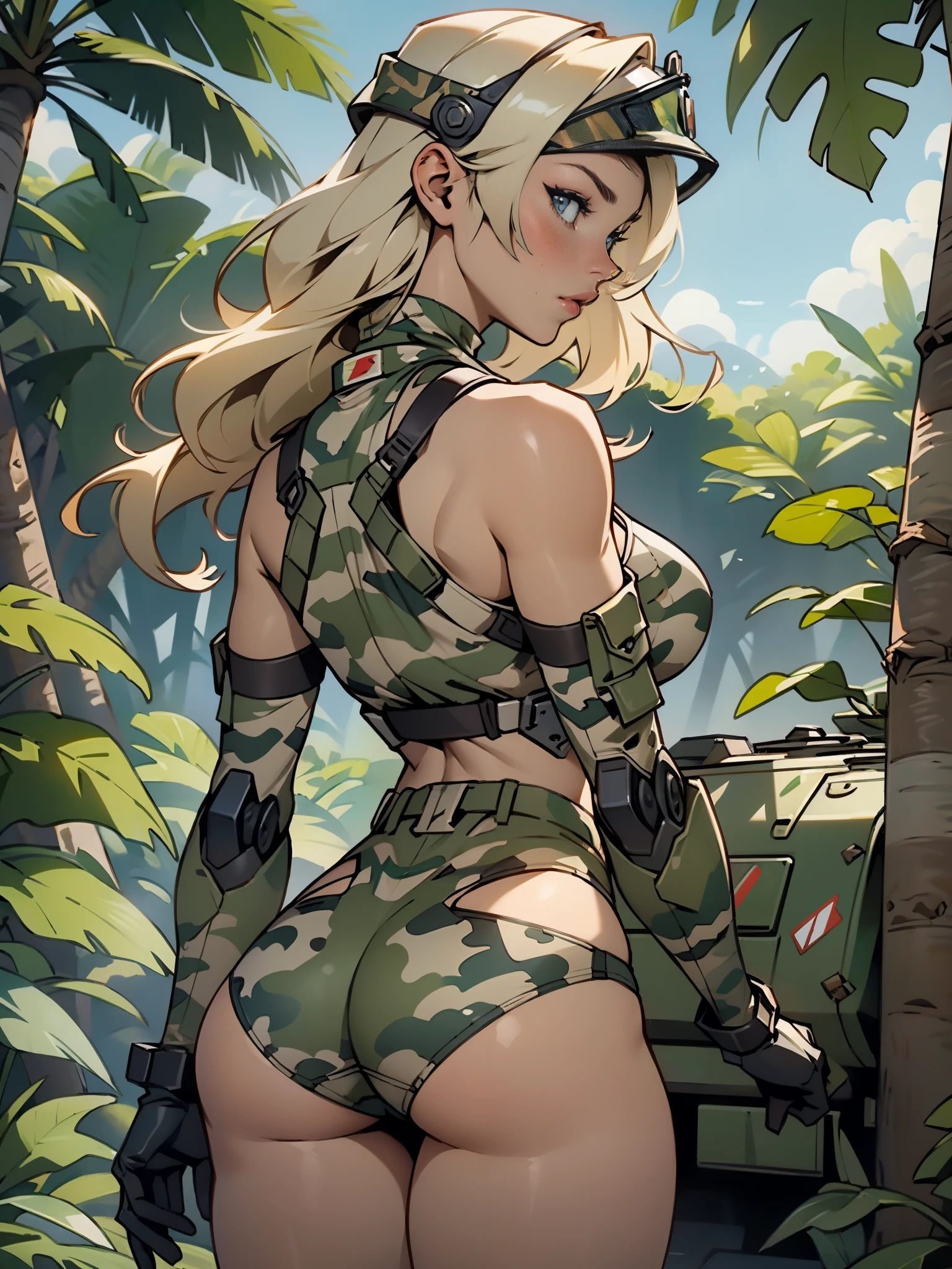 1woman 20 years old, max resolution, sculpted, military, wearing a soldier helmet, beautiful, perfect body, blonde hair, blue eyes, perfect body, thin waist, , large breasts, slim thighs, jungle background, armored vehicle, military robot, camouflaged uniform, tight panties, two-piece, highly detailed, high resolution, perfect hands, rear view, camo, from behind, bare shoulders