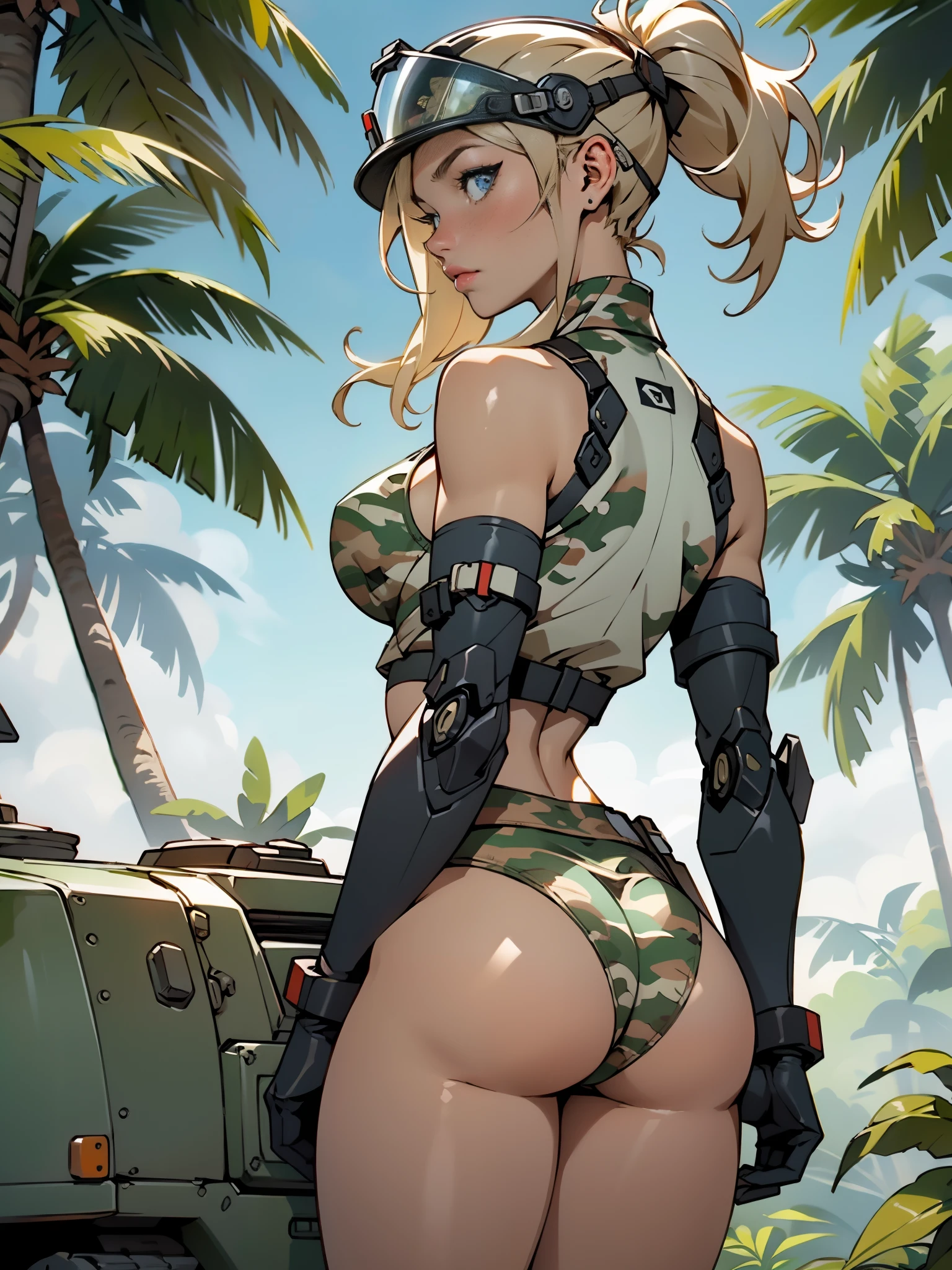 1woman 20 years old, max resolution, sculpted, military, wearing a soldier helmet, beautiful, perfect body, blonde hair, blue eyes, perfect body, thin waist, , large breasts, slim thighs, jungle background, armored vehicle, military robot, camouflaged uniform, tight panties, two-piece, highly detailed, high resolution, perfect hands, rear view, camo, from behind, bare shoulders