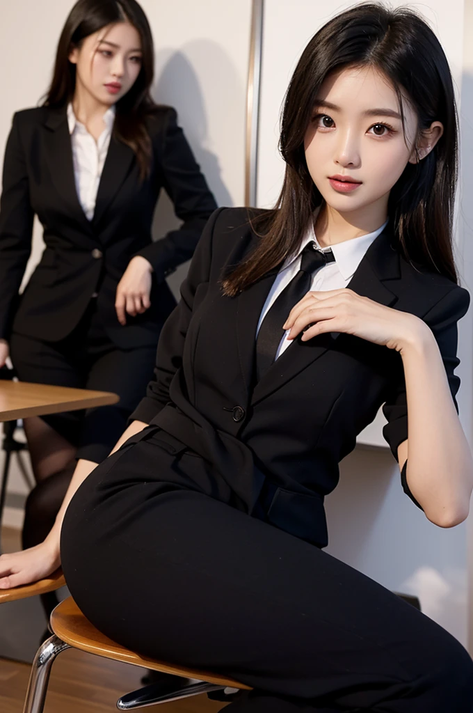 highest quality, Realistic, 8k, High resolution, One woman,Beautiful and perfect face,office,huge ,suit,mini skirt,Black knee-high stockings, work, Sitting in a chair,Half-open legs