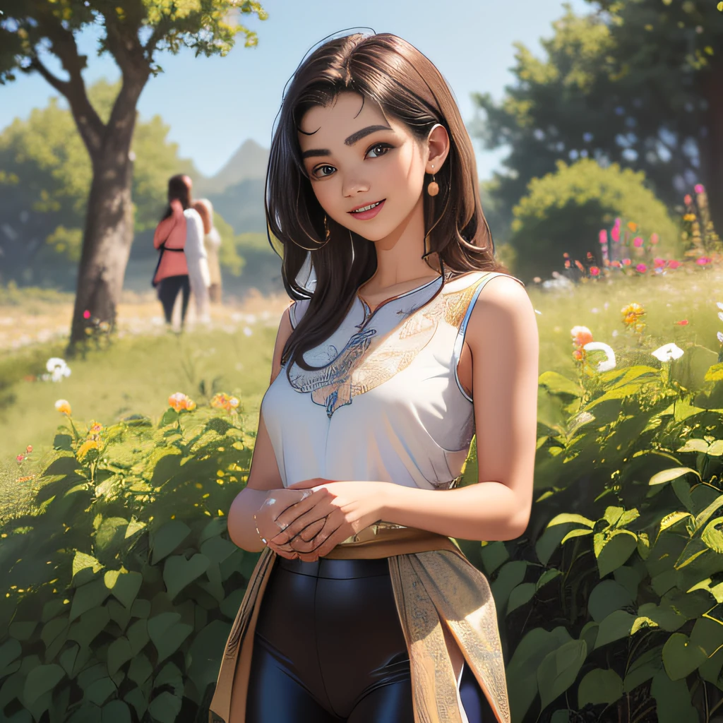 (Extremely detailed 8k wallpaper:2), (photo:2), (31 years old soigne Beautiful girl:2), (gives a lecture to friends:2), detailed (Face and eyes), (hyper realistic:1), (highly detailed:1), (epic realistic:1), rim light, (maximum details:1), cozy, (fullbody:1.3), (looking at viewer:2), (Woman's Attractive Qualities:2), (Attractive Woman:2), (Attractive:2), Smile, Intelligence, Empathy, Gracefulness, Sense of Style, Fitness, Grooming, Optimism, (Sensitivity:2), Sincerity, Romantic Gestures, Playfulness, Fashion Sense, (Sensuality:2), Charm, Modesty, Thoughtfulness, (Femininity:1), Flirtatiousness, Warmth, (Physical attractiveness:2), A beautiful smile, A love of life, strength and power, vulnerability, curiosity, wonder, love, (nature background:2), kawaii, waifu, Beautiful breasts, (attractive body:2), (Beautiful body:2), Beautiful pose, attractive pose, (Beautiful legs:1.0), (Beautiful clothes:1), (classic clothes:2), (elegant clothes:2), (European clothes:2), detailed clothes, (skirt:1), (blouse:1), (provocative pose)