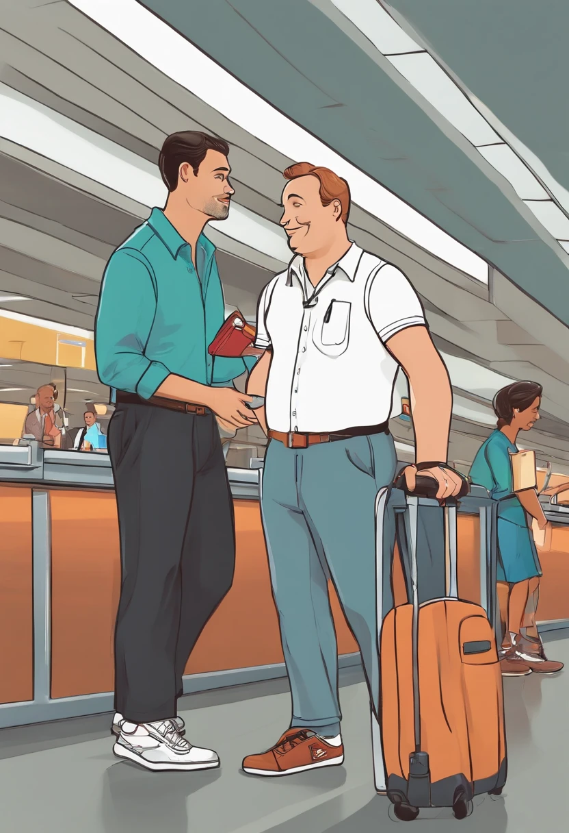 A photo of airport dad checking in the whole travel party at the airport check-in counter,original,Airport dad dresses like a typical dad. Slightly overweight, He wears shirts tucked into shorts with a belt. High white socks with New Balance sneakers.
