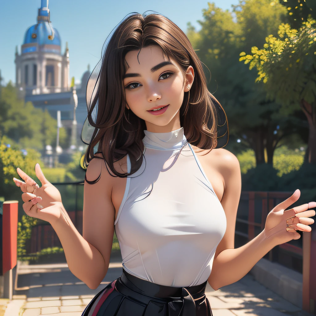 (Extremely detailed 8k wallpaper:2), (photo:2), (31 years old soigne Beautiful girl:2), (gives a lecture to friends:2), detailed (Face and eyes), (hyper realistic:1), (highly detailed:1), (epic realistic:1), rim light, (maximum details:1), cozy, (fullbody:1.3), (looking at viewer:2), (Woman's Attractive Qualities:2), (Attractive Woman:2), (Attractive:2), Smile, Intelligence, Empathy, Gracefulness, Sense of Style, Fitness, Grooming, Optimism, (Sensitivity:2), Sincerity, Romantic Gestures, Playfulness, Fashion Sense, (Sensuality:2), Charm, Modesty, Thoughtfulness, (Femininity:1), Flirtatiousness, Warmth, (Physical attractiveness:2), A beautiful smile, A love of life, strength and power, vulnerability, curiosity, wonder, love, (nature background:2), kawaii, waifu, Beautiful breasts, (attractive body:2), (Beautiful body:2), Beautiful pose, attractive pose, (Beautiful legs:1.0), (Beautiful clothes:1), (classic clothes:2), (elegant clothes:2), (European clothes:2), detailed clothes, (skirt:1), (blouse:1), (provocative pose)