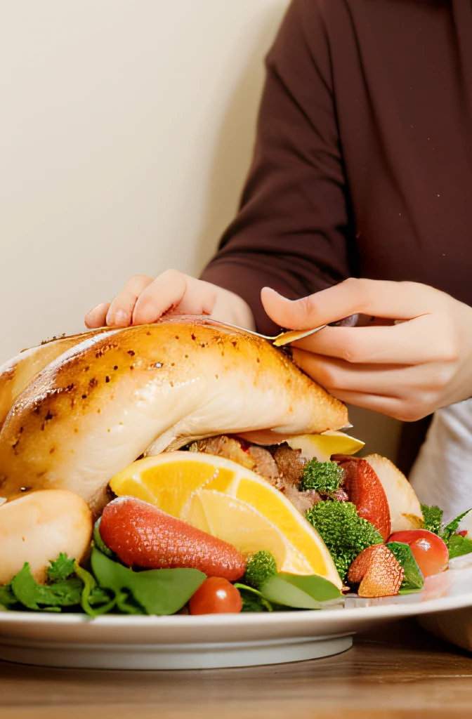 Close-up of turkey and other thanksgiving foods on table, Roast turkey, vacation,  ( hyper realisitc, turkey, [ photograph of-realistic ], victorian thanksgiving feast, [ Greg Rutkoski ], A fashion model, Pure and beautiful， Surreal, vacation, Be prepared，photore，4K Ultra HD, 超高分辨率, (realistically: 1.4), Best quality，tmasterpiece，（pastel colour：1.2）