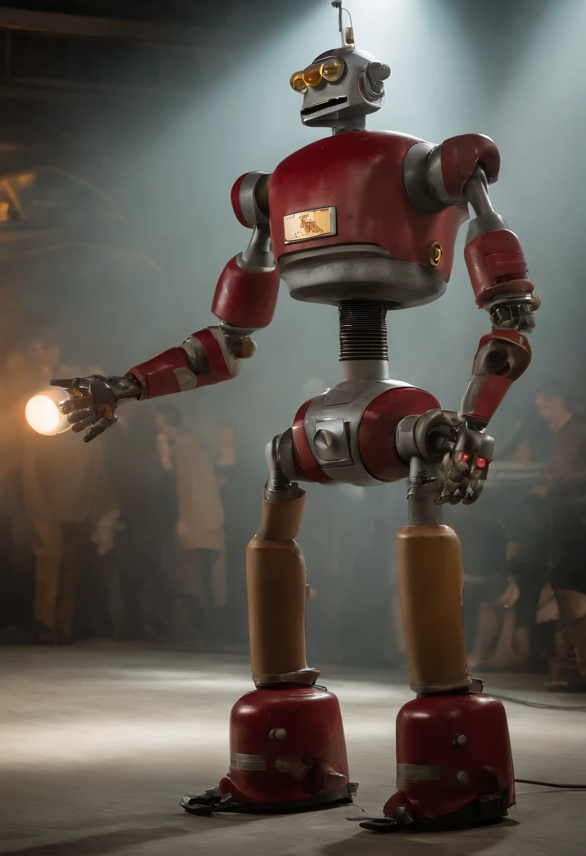 A photo of Bender at a robot wrestling match,Futurama,He often has a beer and cigar. Being that he is a robot, he doesn’t wear clothes. He is gray and made of simple geometric shapes. His arms are flexible tubes. His body has a "shiny metal ass", two legs, two "Extens-o-matic" arms (right called "Gropie" and left "Cheatie" by Bender) with three fingers each, a head with two replaceable eyes shaped like light-emitting diodes, and a mouth used for fuel intake and voice communication.