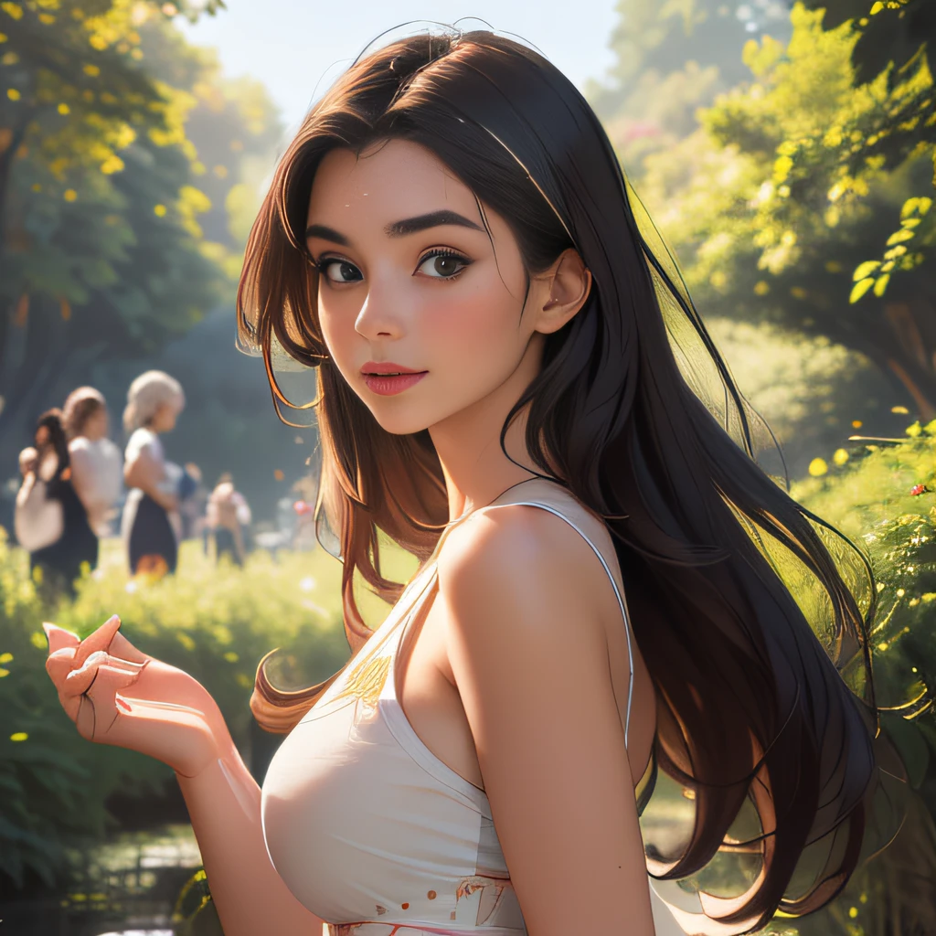 (Extremely detailed 8k wallpaper:2), (photo:2), (31 years old soigne Beautiful girl:2), (gives a lecture to friends:2), detailed (Face and eyes), (hyper realistic:1), (highly detailed:1), (epic realistic:1), rim light, (maximum details:1), cozy, (fullbody:1.3), (looking at viewer:2), (Woman's Attractive Qualities:2), (Attractive Woman:2), (Attractive:2), Smile, Intelligence, Empathy, Gracefulness, Sense of Style, Fitness, Grooming, Optimism, (Sensitivity:2), Sincerity, Romantic Gestures, Playfulness, Fashion Sense, (Sensuality:2), Charm, Modesty, Thoughtfulness, (Femininity:1), Flirtatiousness, Warmth, (Physical attractiveness:2), A beautiful smile, A love of life, strength and power, vulnerability, curiosity, wonder, love, (nature background:2), kawaii, waifu, Beautiful breasts, (attractive body:2), (Beautiful body:2), Beautiful pose, attractive pose, (Beautiful legs:1.0), (Beautiful clothes:1), (classic clothes:2), (elegant clothes:2), (European clothes:2), detailed clothes, (skirt:1), (blouse:1), (provocative pose)