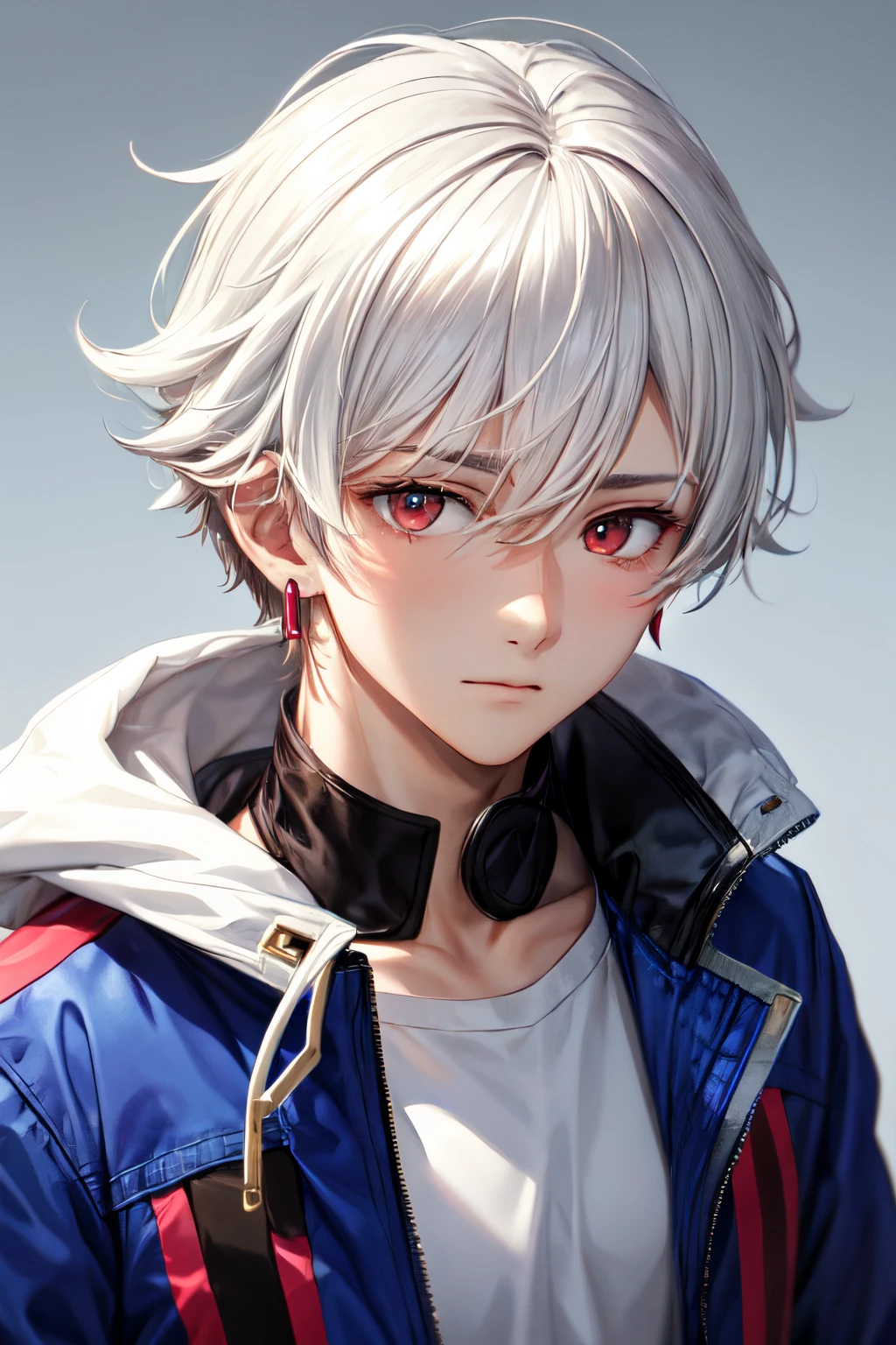 White haired Boy, mid hair, Red eyes, blue jacket, White skin, an earring on his left ear, The jacket with purple shadows