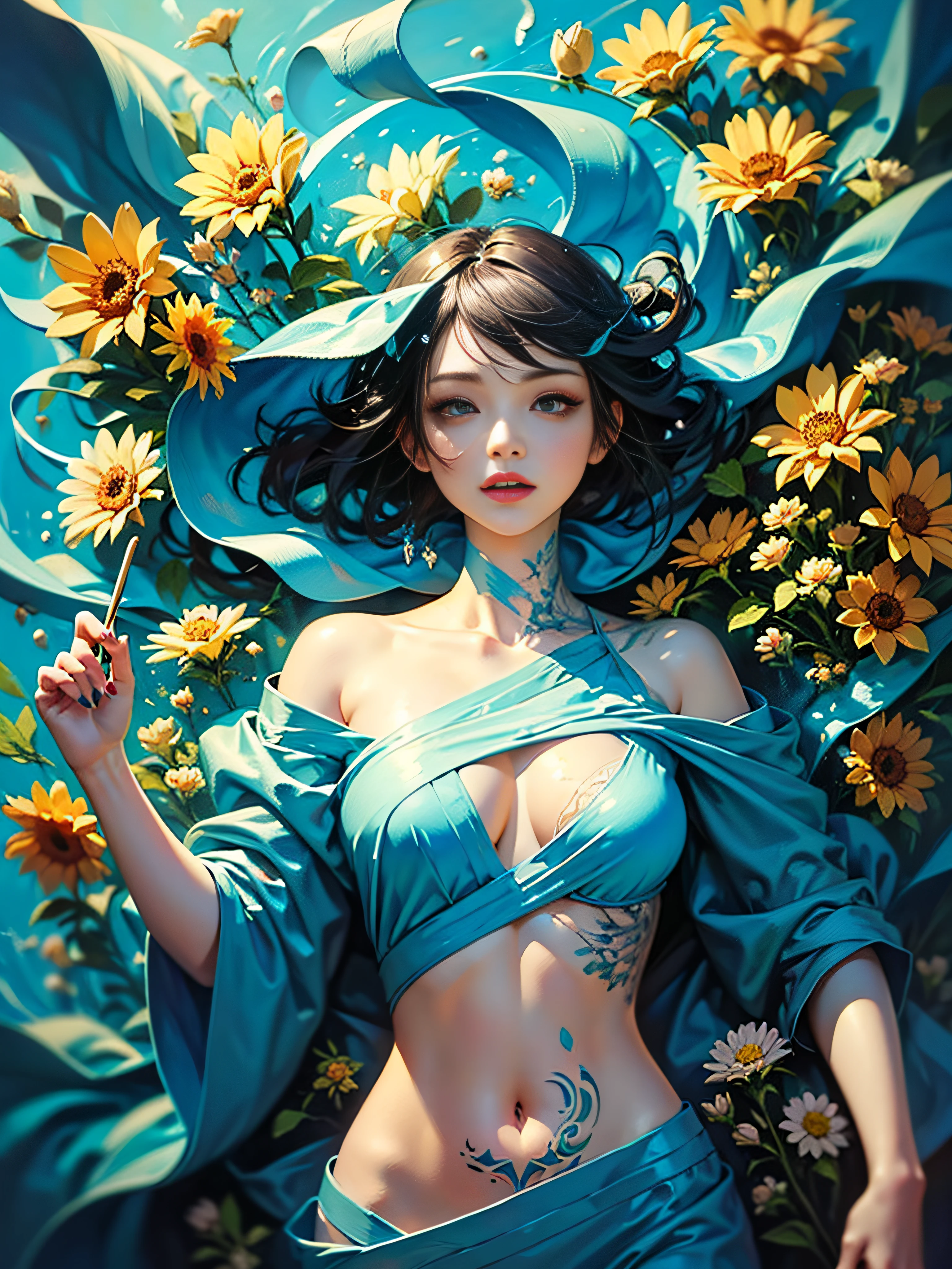 (oil painting:1.5), 1girl, feature, pureerosface_v1, Ambilight, slender waist, (Lying:1.2), (blue tattoo, Paint poured on the body:1.3), fingernails, (splash, brushwork:1.5), background,double exposure, fussion of fluid abstract art,(original illustration composition),( fusion of limited color, maximalism artstyle, geometric artstyle) <lora:Flowers