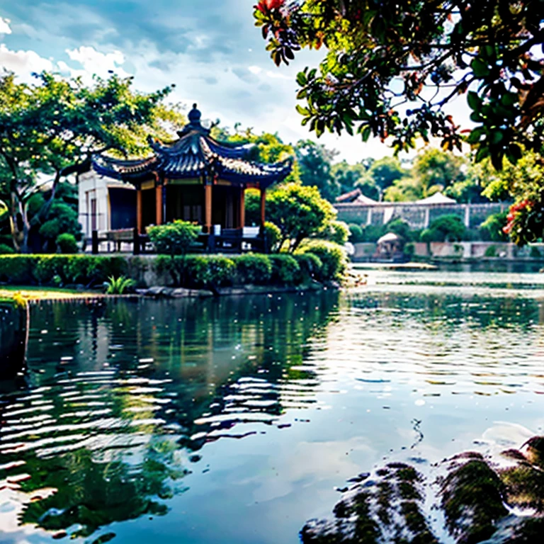 Obra-prima, melhor qualidade, alta qualidade, extremamente detalhado CG unidade de papel de parede 8k, Classic Chinese Garden, paisagem, amsterdam, inverno, ((nevando)), ao ar livre, heaven, dia, paisagem, water, tree, blue skies, cachoeira , natureza, lago, rio, clouded skies, fotografia premiada, bokeh, profundidade de campo, HDR, flor, chromatic aberration, fotorrealismo, muito detalhado, trending in the artstation, trend in CGSociety, intrincado, alto detalhe, dramatic, Arte no meio da jornada, 3840x2160, vermelho e branco