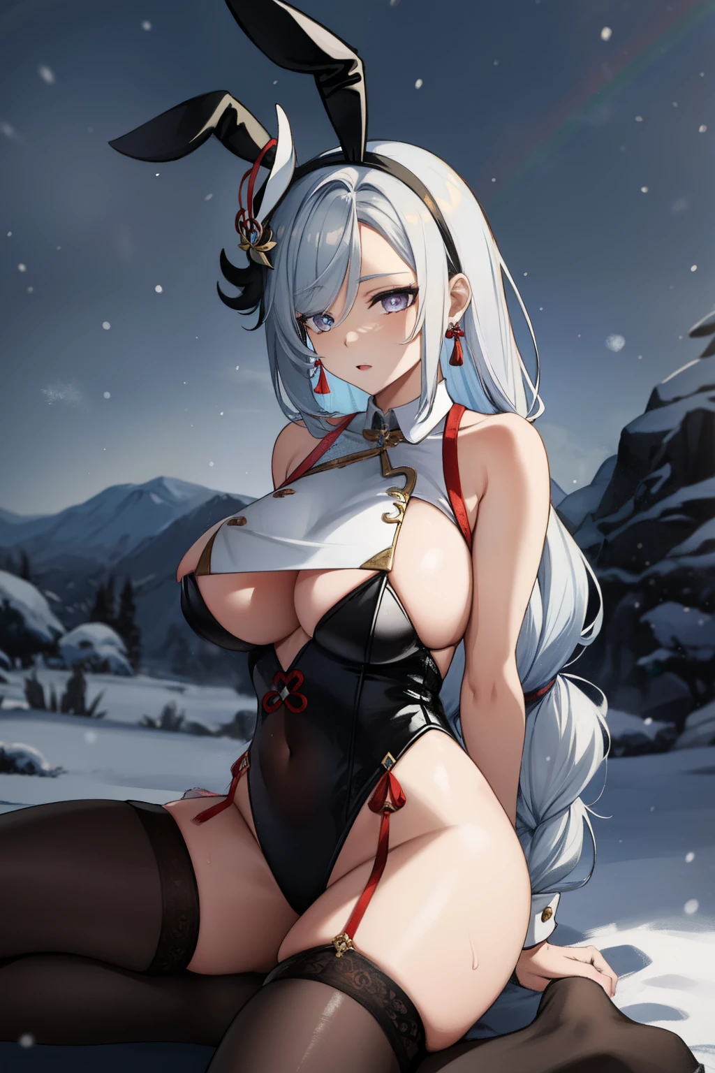 (highres), (absurdres), (best quality), (high quality), (masterpiece), 1girl, shenhe \(genshin impact\), long hair, silver hair, large breasts, arms behind back, (playboy bunny), leotard, black thighhighs, rabbit ears, hair over one eye, single braid, rainbow eyes, underboob, jewelry, looking at viewer, hair ornament, tassel earrings, fantasy, outdoors, storm, snow, snowing, ice, doing sex, a woman is riding a big cock of white male student, hard cock of white male student,