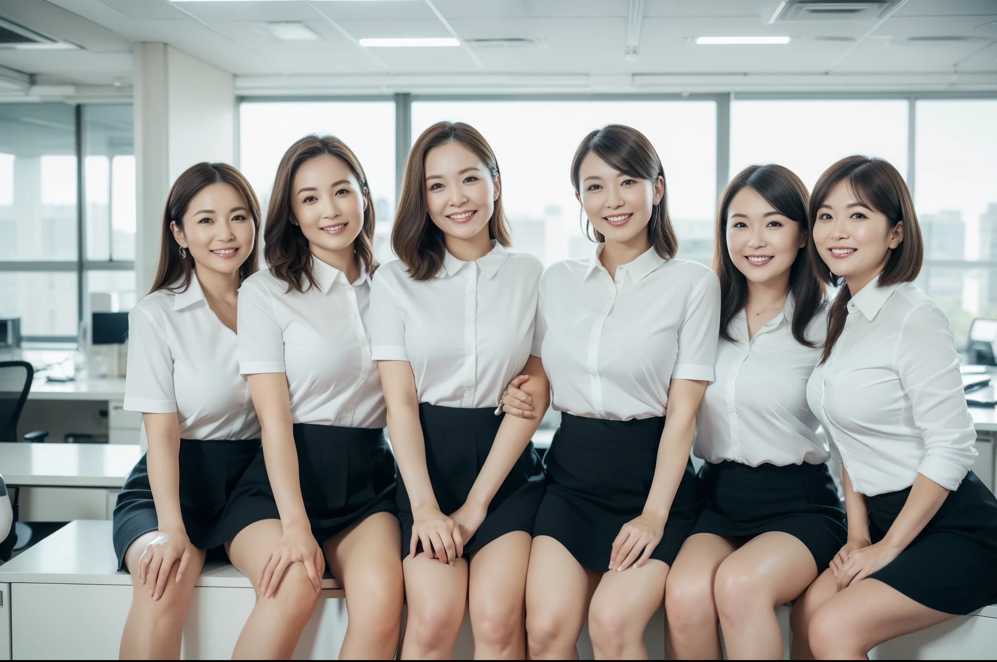 ((Best Quality, 8k, Masterpiecedetails, ultra-high resolution)), (group picture), (looking at the viewer), (fmiddle shot:), attractive business 5 milfs, 5 people, a bit chubby:0.25, white collared shirt, grey skirt, (sitting with cross legs on office desks)), smile, office of CEO,