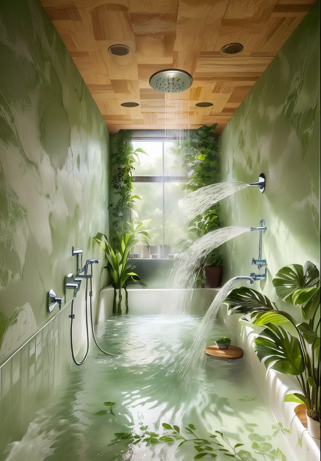 there is a large bathtub with a shower head and a plant in the corner, water gushing from ceiling, showers, water running down the walls, premium bathroom design, waterfall walls, artistic design, under a shower, natural and organic and flowing, visually stunning, droplets on the walls, whimsical, natural lighting, wash off in the rain, modern design, stunning visual