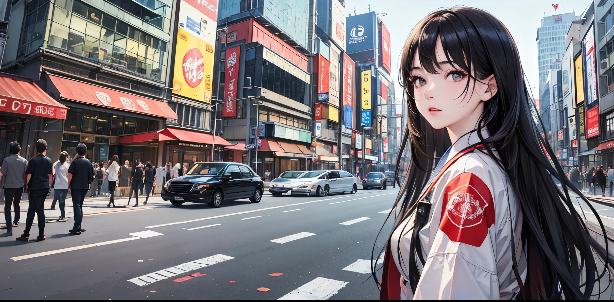 ((best quality))), (((masterpiece))), ((perfect face)),nsfw,One woman, long black hair, in the city, looking at us, embarrassed, curious, unrequited love, Japan, nostalgic,teasing, bashful,((confesses and runs away)),