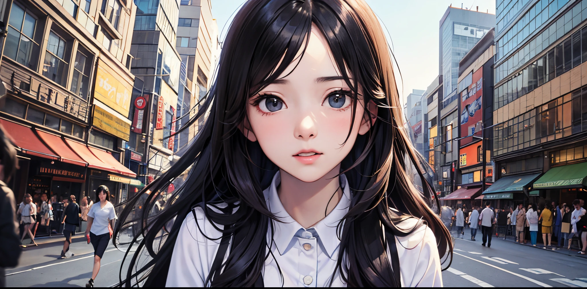((best quality))), (((masterpiece))), ((perfect face)),nsfw,One woman, long black hair, in the city, looking at us, embarrassed, curious, unrequited love, Japan, nostalgic,teasing, bashful,((confesses and runs away)),