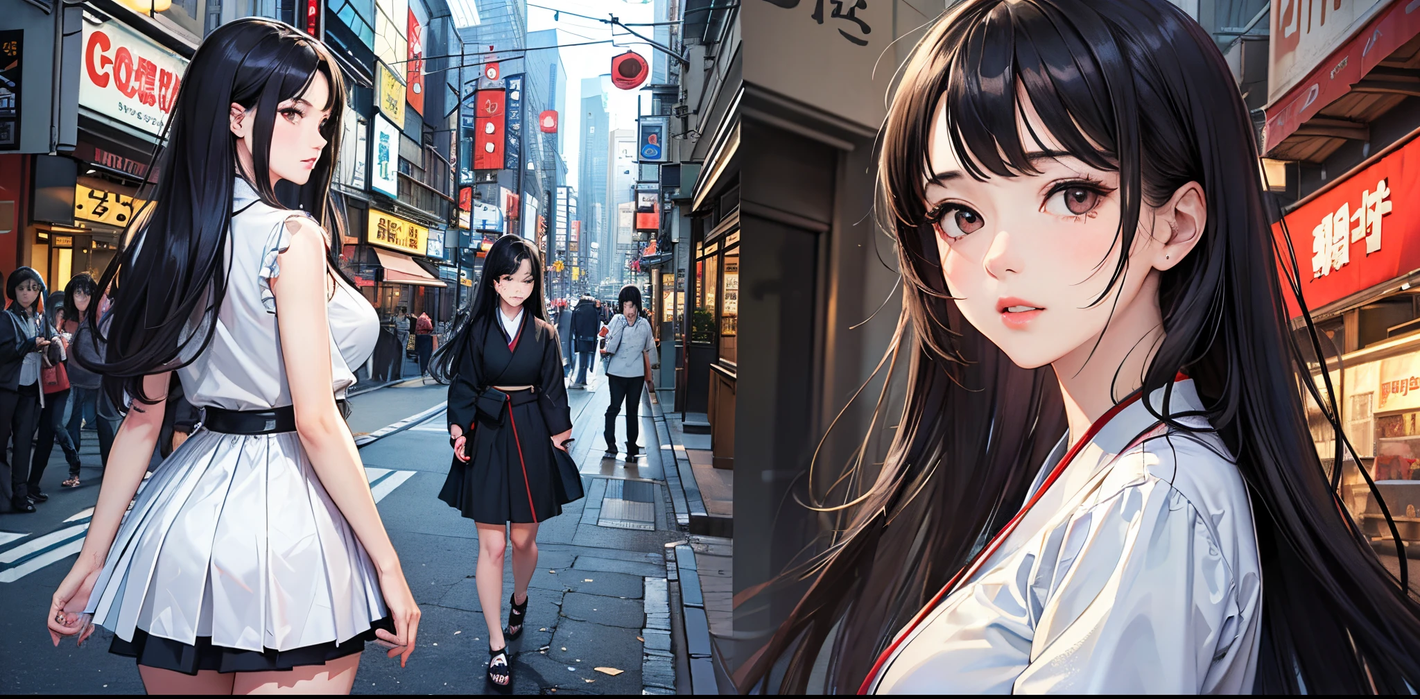 ((best quality))), (((masterpiece))), ((perfect face)),nsfw,One woman, long black hair, in the city, looking at us, embarrassed, curious, unrequited love, Japan, nostalgic,teasing, bashful,((confesses and runs away)),