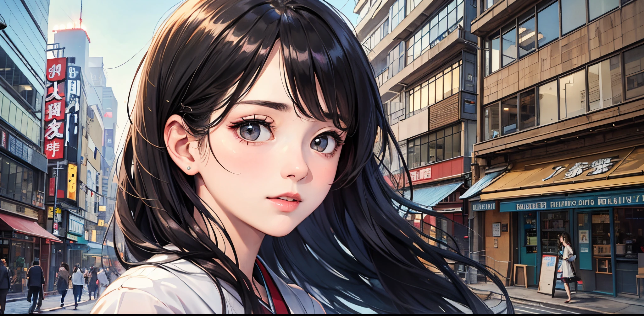 ((best quality))), (((masterpiece))), ((perfect face)),nsfw,One woman, long black hair, in the city, looking at us, embarrassed, curious, unrequited love, Japan, nostalgic,teasing, bashful,((confesses and runs away)),