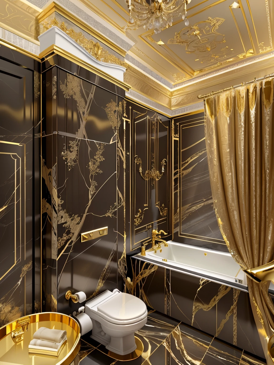 there is a bathroom with a tub, toilet, sink and shower, gold and luxury materials, premium bathroom design, baroque marble and gold in space, extremely opulent, ornate gold, black and gold rich color, beauteous sumptuous, gold and black color scheme, by Galen Dara, elegant and ornate, by Sasha Putrya, by Elena Guro