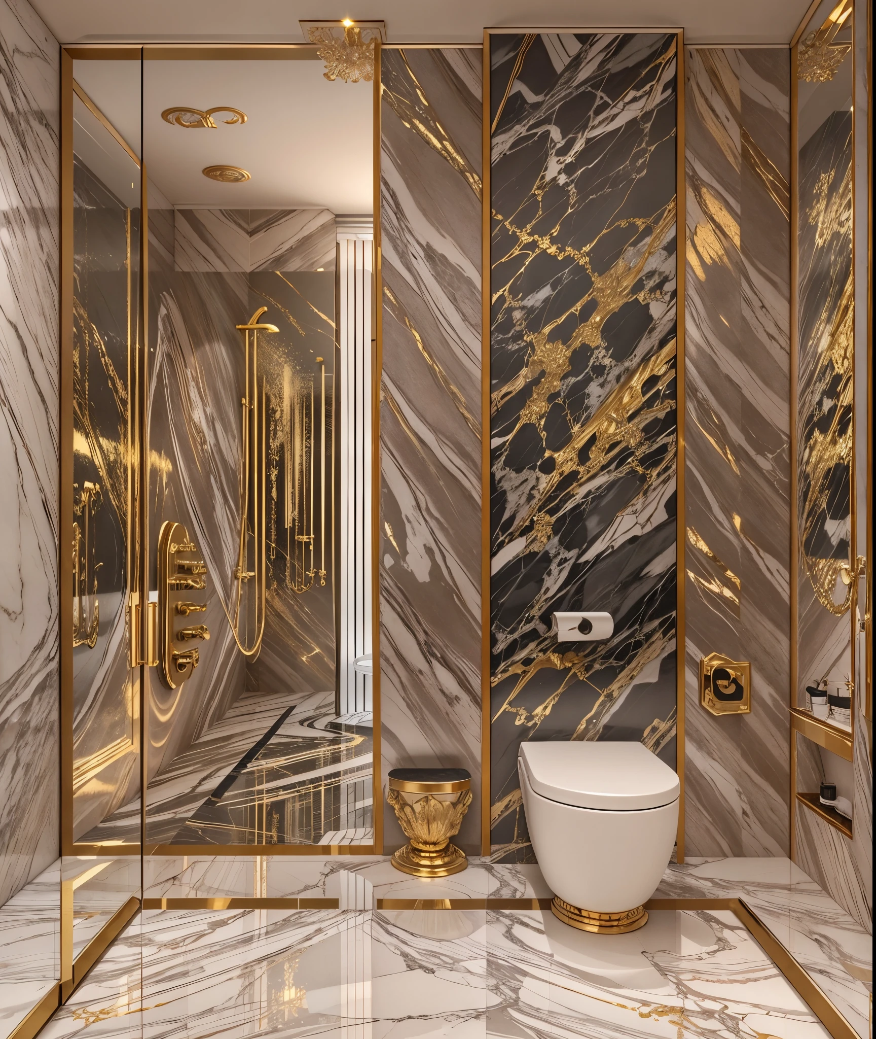 a close up of a bathroom with a toilet and a walk in shower, premium bathroom design, gold and luxury materials, marble and wood and glass, all marble, marble walls, marble material, modern bathroom, smooth marble surfaces, elegant and refined, stone and glass and gold, marble and hint gold, exquisite marble details, extremely opulent, marble and gold
