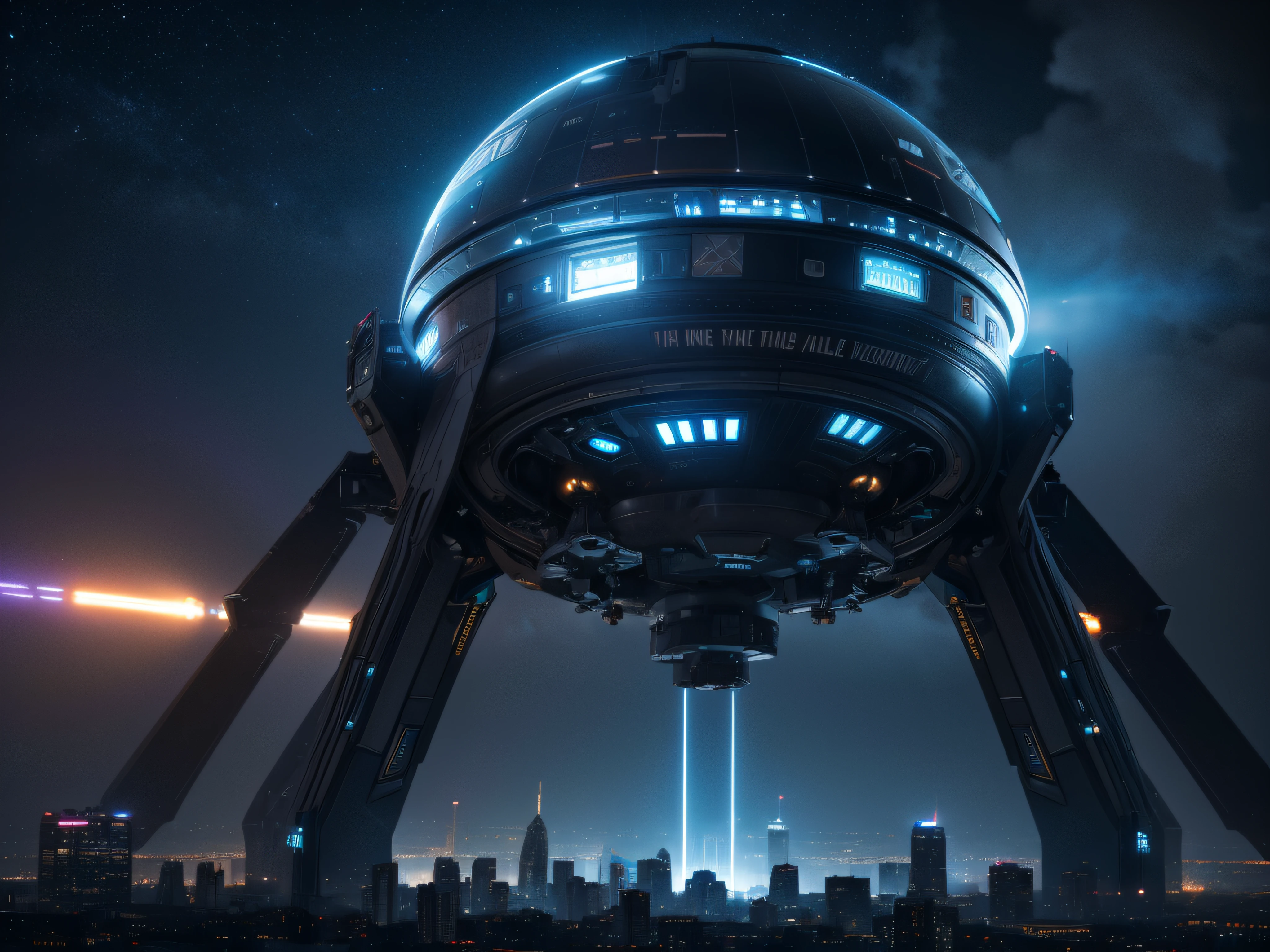 In a distant galaxy, an artificial intelligence awakens within a city-sized spacecraft. Its metallic tendrils reach out, connecting with ethereal energy sources, as the city comes to life. Hyper-realistic, 8k, vivid color