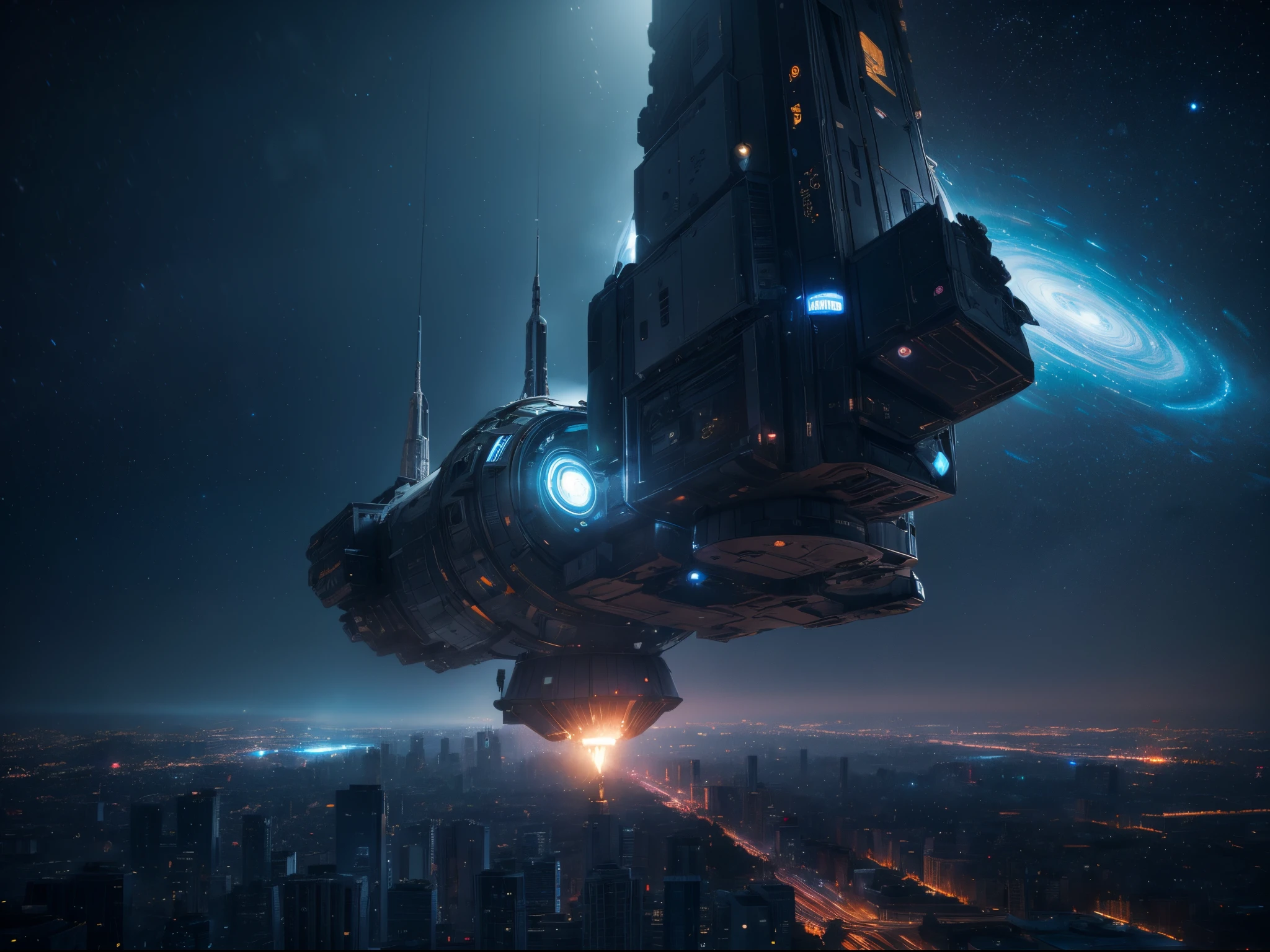 In a distant galaxy, an artificial intelligence awakens within a city-sized spacecraft. Its metallic tendrils reach out, connecting with ethereal energy sources, as the city comes to life. Hyper-realistic, 8k, vivid color