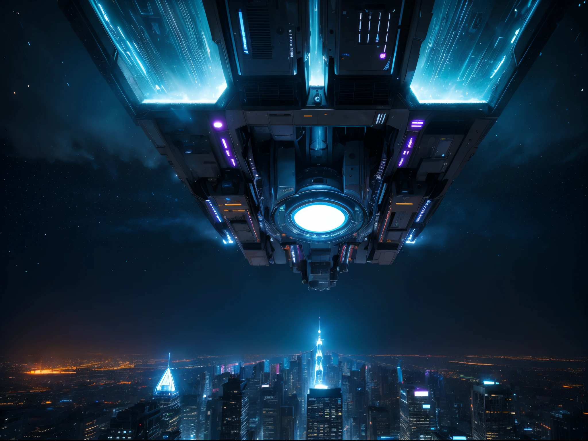 In a distant galaxy, an artificial intelligence awakens within a city-sized spacecraft. Its metallic tendrils reach out, connecting with ethereal energy sources, as the city comes to life. Hyper-realistic, 8k, vivid color