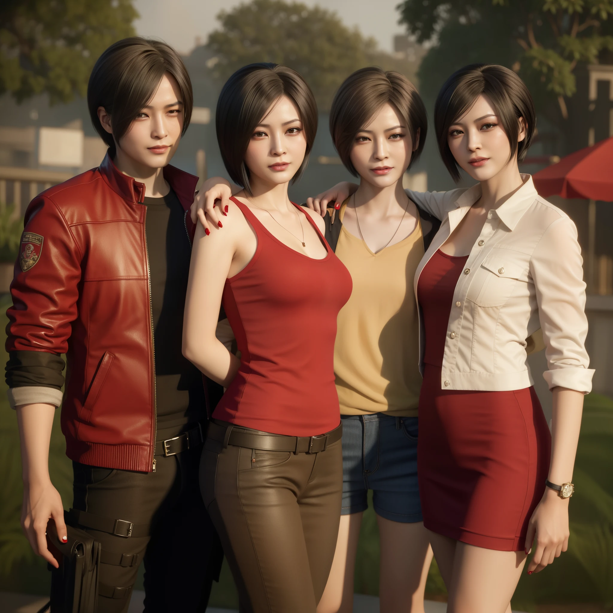 Ada wong ,Woman, wearing red dress, bob hair, red polish, happy expression, smiling