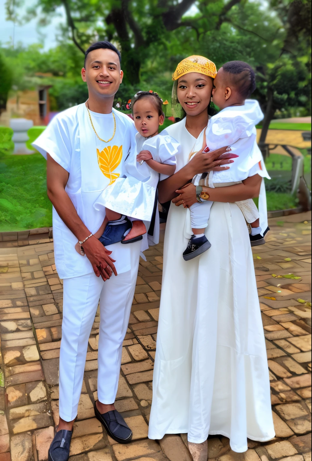 there is a man and woman holding a child and a child, happy family, wearing white robes!, 🤬 🤮 💕 🎀, taken in 2 0 2 0, all white, abundantly detailed, family photo, wearing white clothes, 4k post, 4 k post, taken in the early 2020s, edited, wearing white cloths