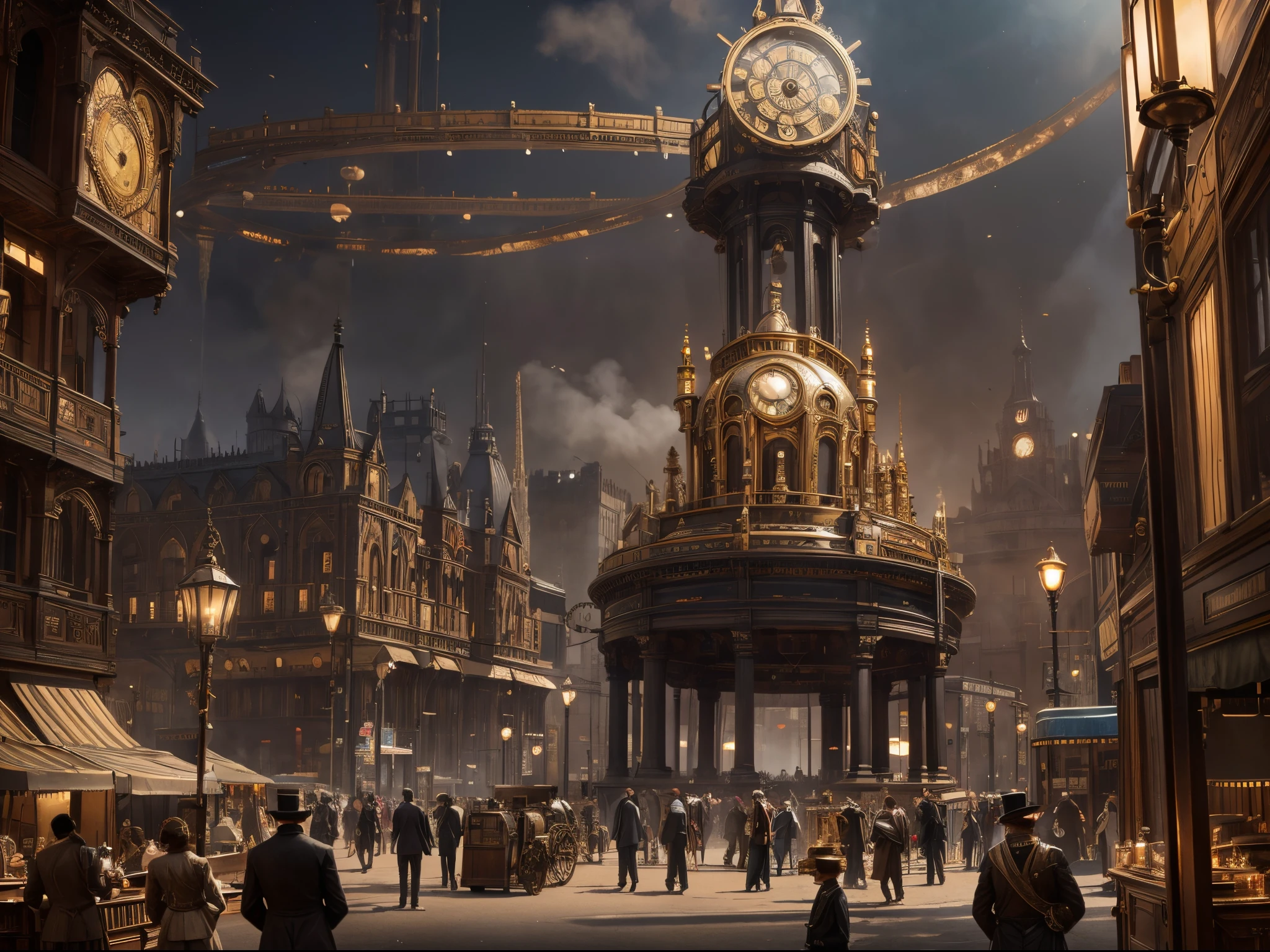 In a Victorian-era metropolis, a clockwork automaton, powered by steam and gears, stands at the center of a bustling marketplace, surrounded by airships and ornate steam-powered machinery.