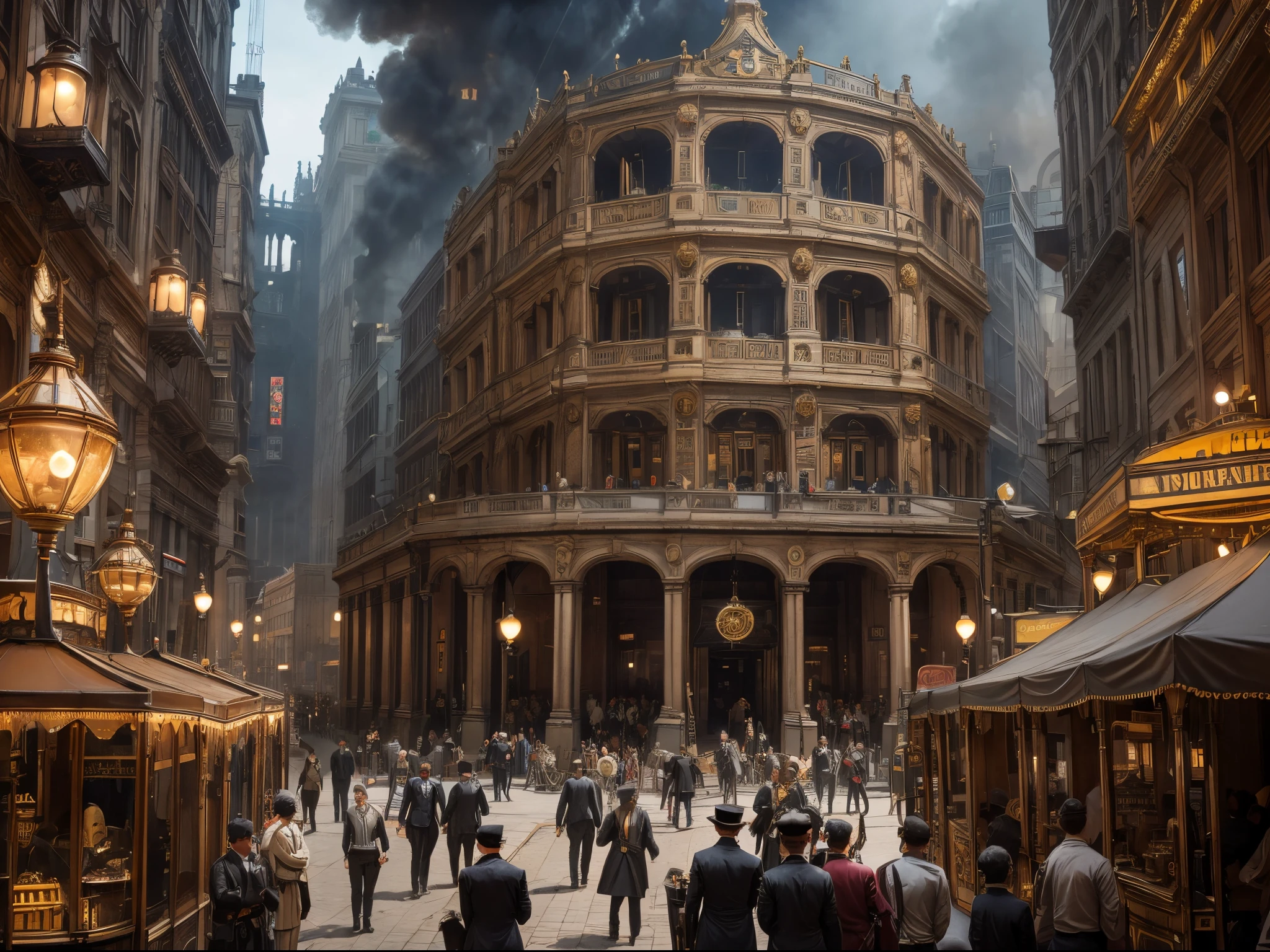 In a Victorian-era metropolis, a clockwork automaton, powered by steam and gears, stands at the center of a bustling marketplace, surrounded by airships and ornate steam-powered machinery.