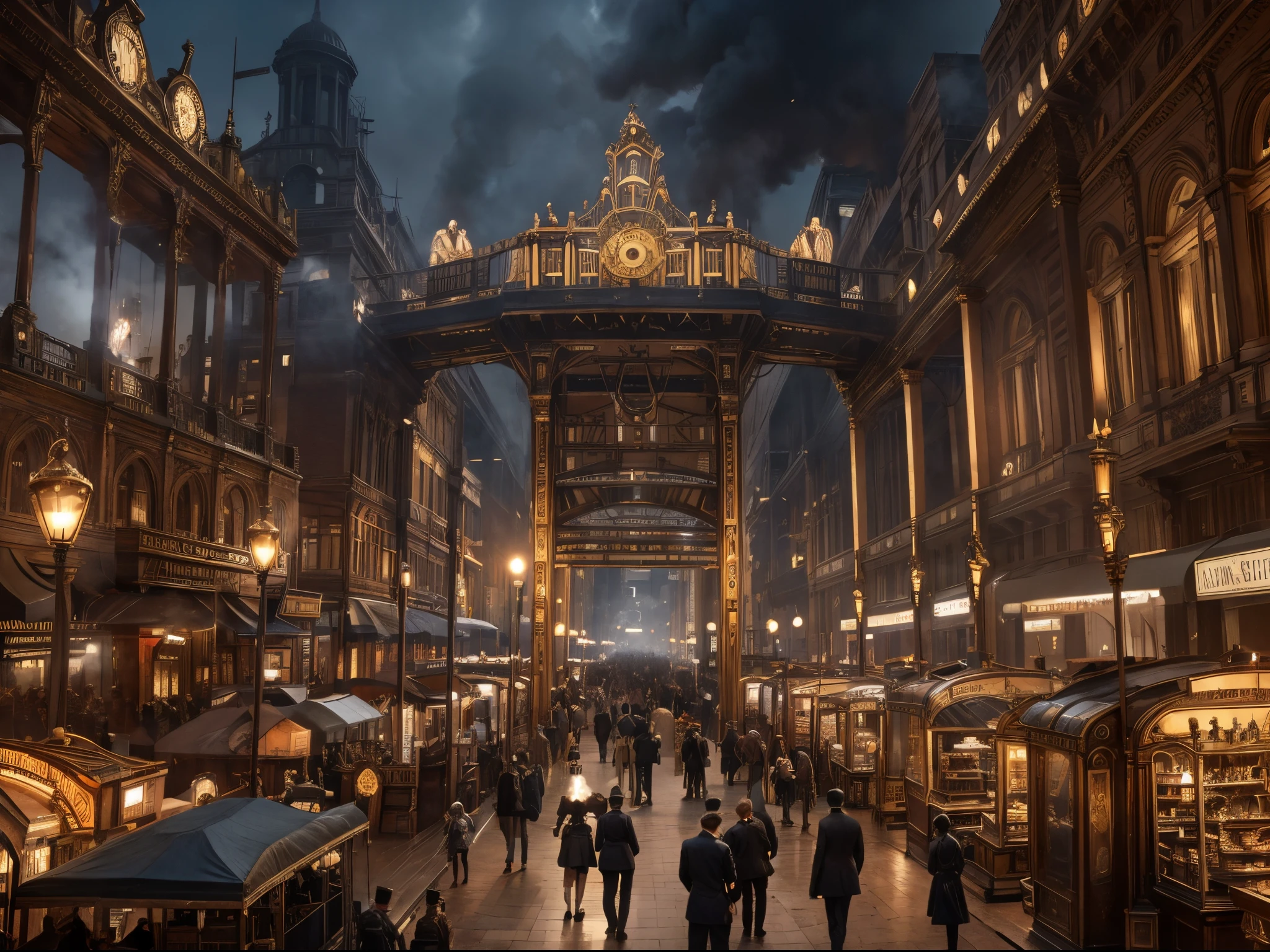 In a Victorian-era metropolis, a clockwork automaton, powered by steam and gears, stands at the center of a bustling marketplace, surrounded by airships and ornate steam-powered machinery.