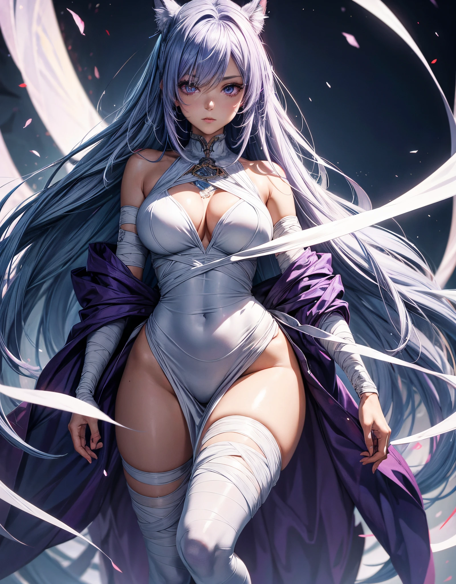 image of a woman (full body), covered in bandages, mummy portrait, lilac eyes, blue hair, high quality 8k detailed art, clean and detailed anime art, detailed anime character art,