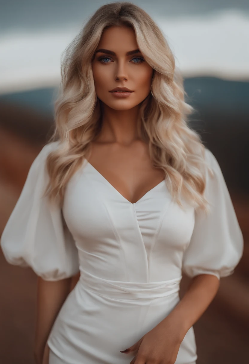 realistic white female instagram influencer, best quality, blonde, 1 girl, blue eyes, in white tight short dress