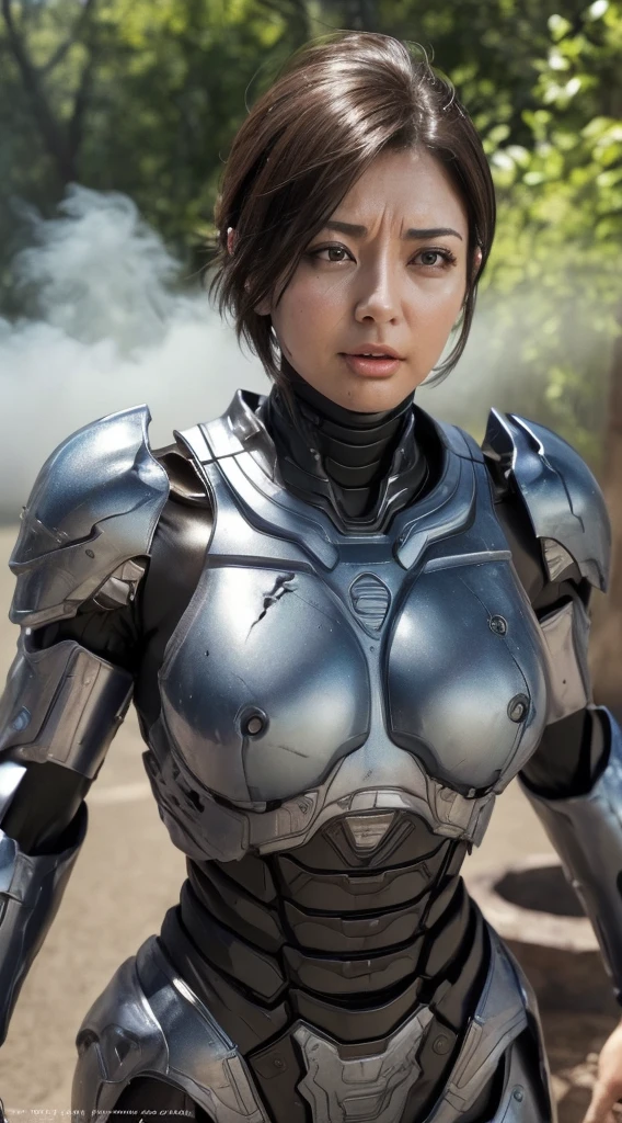 ((Two middle-aged women))Textured skin, Super Detail, high details, High quality, Best Quality, hight resolution, 1080p, , (lying back on)Beautiful,(War Machine),beautiful cyborg woman,Mecha Cyborg Girl,()((heavily damaged armor)),A woman with a feminine mechanical body、Gentle face　A dark-haired,Fulll body Shot)、、Very sweaty face、groggy expression、laying on back、Turn your face at an angle、Opening Mouth((put out the tongue)、Smoke comes from the whole body((Deep cracks in the armor of the whole body))(short-haired　Opening legs　The  is visible