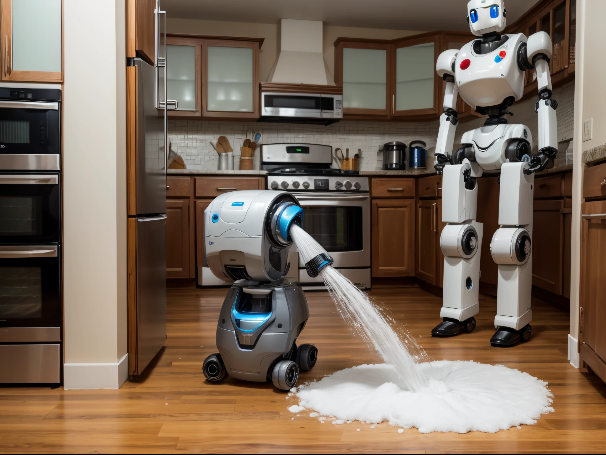 In a world where household chores are done by quirky robots, a clumsy bot spills a bucket of soapy water, causing chaos in a suburban kitchen.