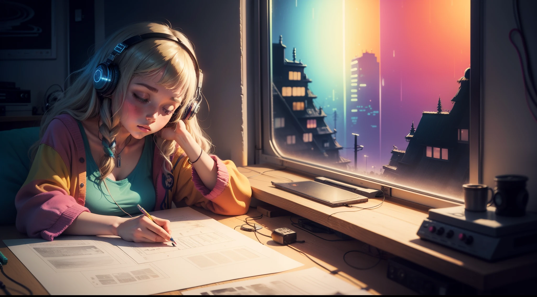 European Hippie Girl meditating in her room, dreaming, Wear headphones, night lights, Neon landscape on a rainy day, Analog Color Theme, Lo-Fi Hip Hop , retrospective, flat, 2.5D ,Draw a line, Ink Drawing, Large slope, Watercolor painting, Goosch Colors, Studio Ghibli Style, Awesome colorful, Outer Ton, krautrock, lofi art,  70s style,Old texture, amplitude,psychedelic vibe, masterpiece, Tremendous technology,