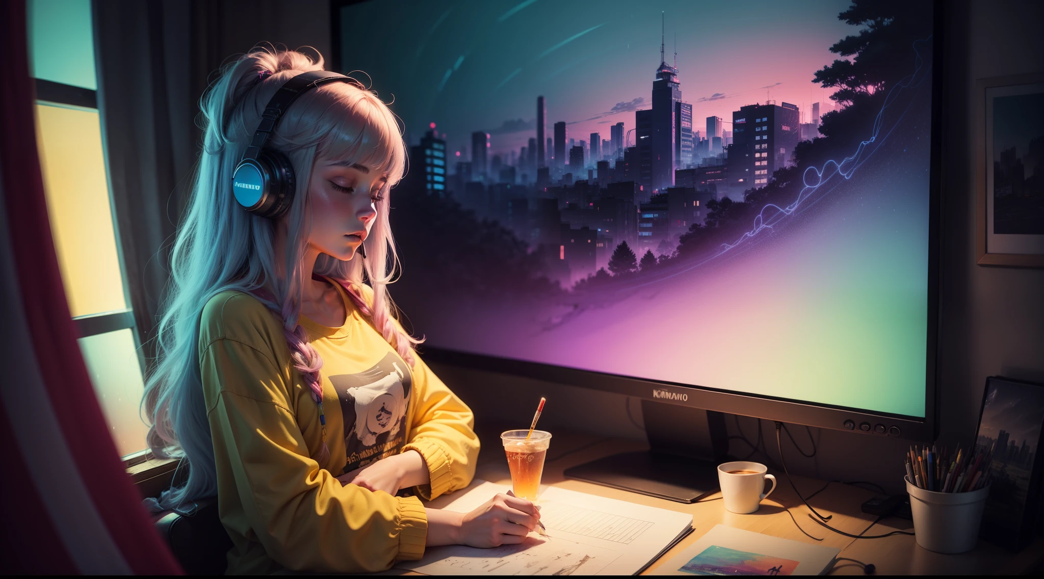 European Hippie Girl meditating in her room, dreaming, Wear headphones, night lights, Neon landscape on a rainy day, Analog Color Theme, Lo-Fi Hip Hop , retrospective, flat, 2.5D ,Draw a line, Ink Drawing, Large slope, Watercolor painting, Goosch Colors, Studio Ghibli Style, Awesome colorful, Outer Ton, krautrock, lofi art, 70s style,Old texture, amplitude,psychedelic vibe, masterpiece, Tremendous technology,