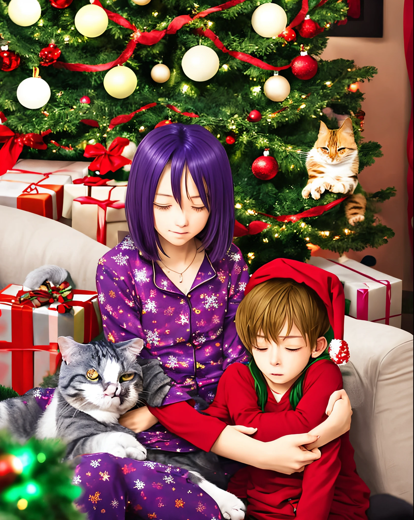 Anime boy hugging his girlfriend that has purple hair infront of a christmas tree wearing matching christmas pajamas the girl has a cat in her lap they are wrapped in christmas lights
