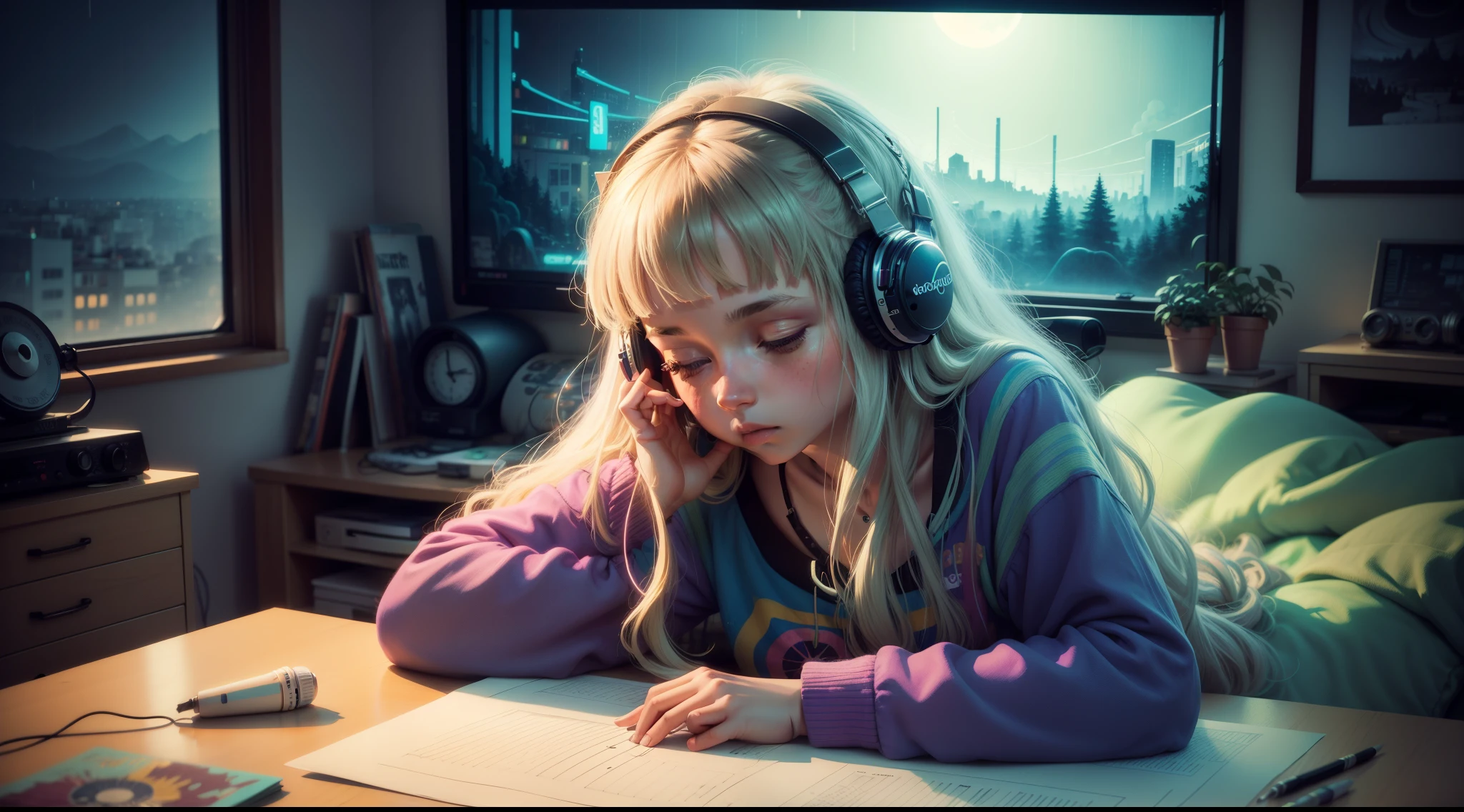 there is a 14 YEAR OLD GIRL In headphones, LONG BLONDE HAIR, smoke effects --auto --s2