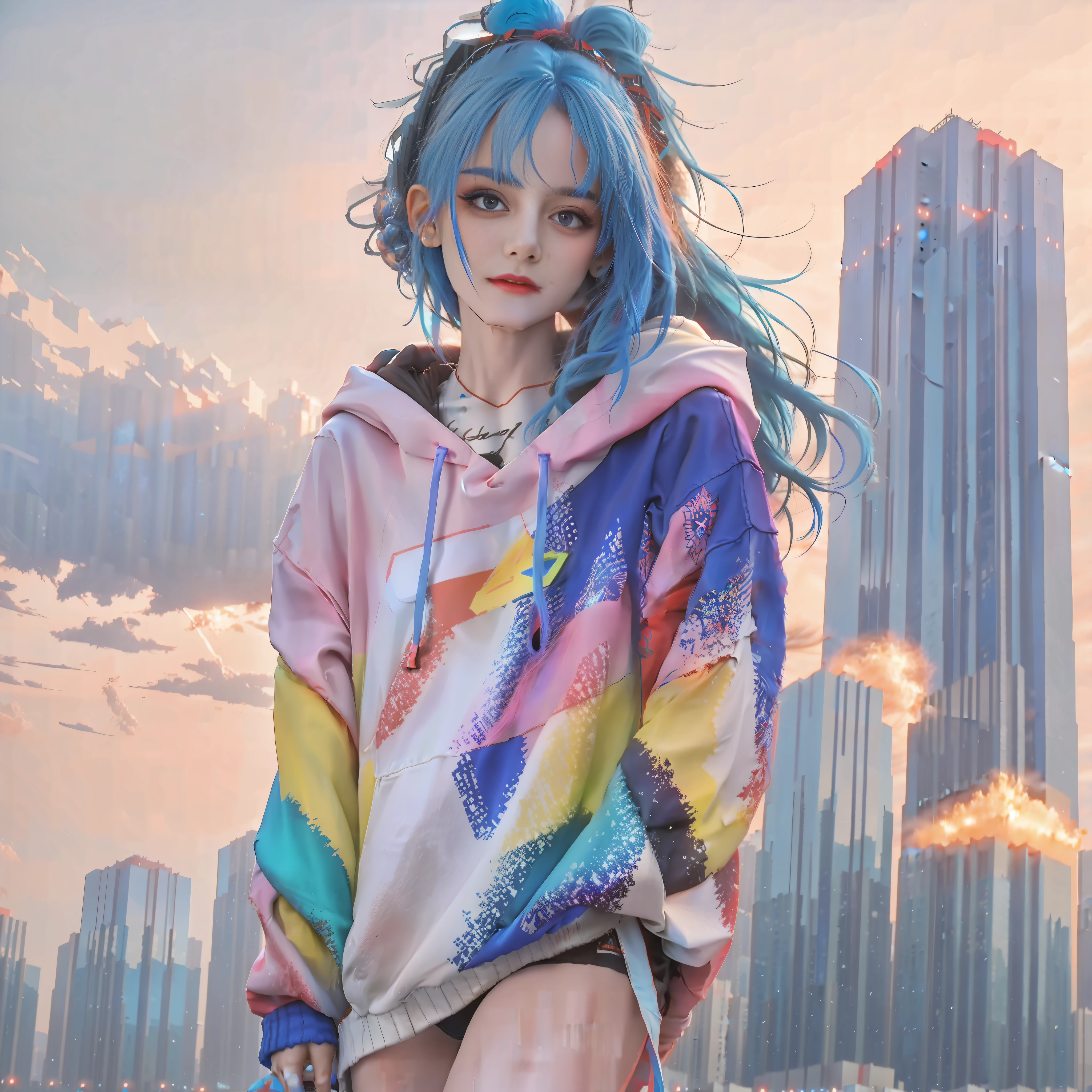 (masterpiece), best quality, ultra high res, 1girl, hoodie, blue hair, very long hair, off shoulder, hair ornament, neon colors flashes, cyberpunk, stunning cityscape, stunning night sky, milky way, comet, cinematic lighting, photorealistic, realistic skin, HDR