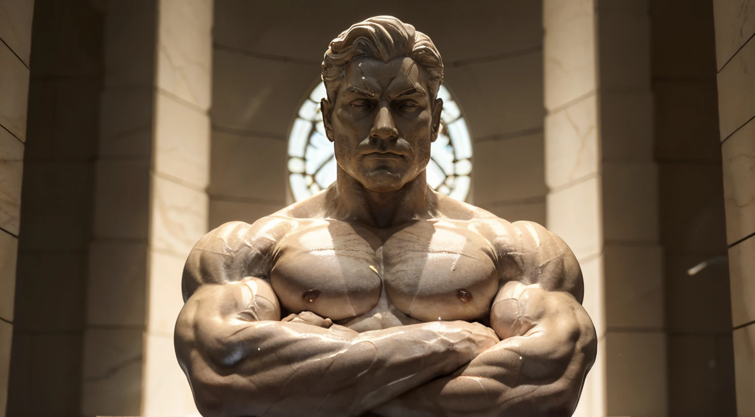 A white marble statue depicting a muscular leader in a contemplative posture, with carved muscles and thoughtful expression, iluminada por luces suaves que resaltan su liderazgo sabio, sobre un fondo oscuro que subraya su autoridad.