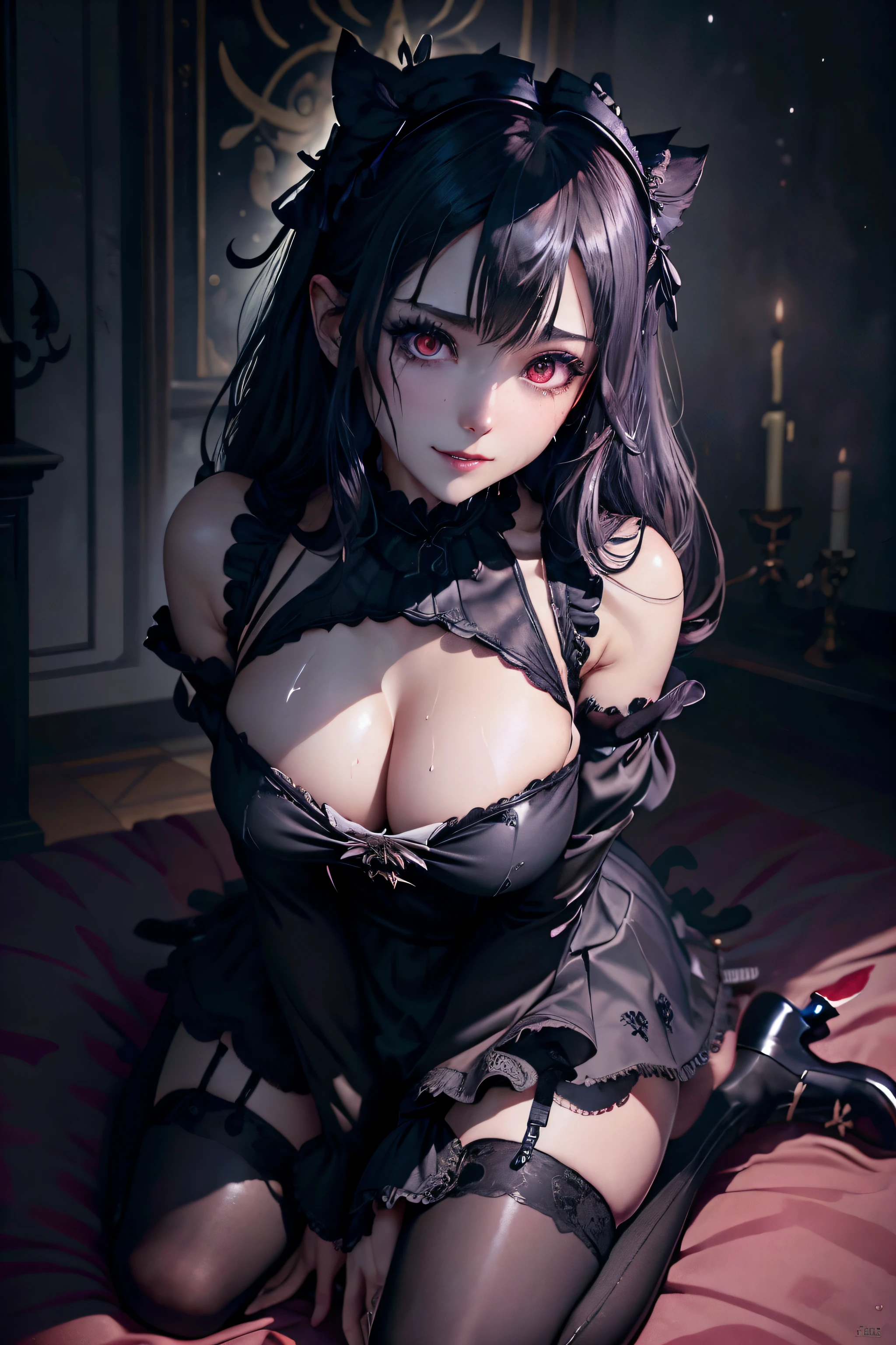 Hard Dark Gothic Makeup、Maniacal、Deep night sky、horor、Black Dark Eyeshadow、crying how bright、mourn、Good skin luster、Long hair straight hair、Dark Gothic Makeup、Dark smile、Restless Palace、Expressions of sexual arousal、Fragrant beauty、22year old、Lying、seductiv、Strong sexual pleasure facial expressions、A look of shame、Dark Gothic、Gothic ta、bell sleeves、Wizard Sleeve、Obscene look、Stained glass background、masutepiece、Best Quality、Refers to 5 books、Sweat glitters on my chest、Expression of sexual pleasure in anguish、Drunken face、maid clothes、Mysterious、noble、Face holding back the toilet、flirty gothic lolithes、the body is wet and shiny、Transcendent sex appeal、sloppily open your legs、Lots of glitter on the thighs、I'm sweating a lot、Affectionate smile、twin-tail hair、my thighs are so wet、jet black ruffle skirt、Shaded、blue eye on the right, Red eye on the left、Gothic bed covered with roses、Transcendent Bewitching Pose、all fours pose、Gravure photography、Arch the back、stick out buttocks、Sleep with your eyes closed、Pose、Crawling on all fours、pose on bed、knee high socks、thigh-high socks、A lot of sweat and stickiness on the thighs、Lots of sticky shiny thighs、Sweat shining generously on the thighs、The whole body is shiny with sweat、Glamour、A sexy、platform heel shoes、Quite sweaty、My thighs are sweaty、mysterious dark makeup、Breast size is modest、black lipstick、Heavy dark gothic long dress、Make your thighs more glamorous、Light pink hair、stain glass、black metal world、