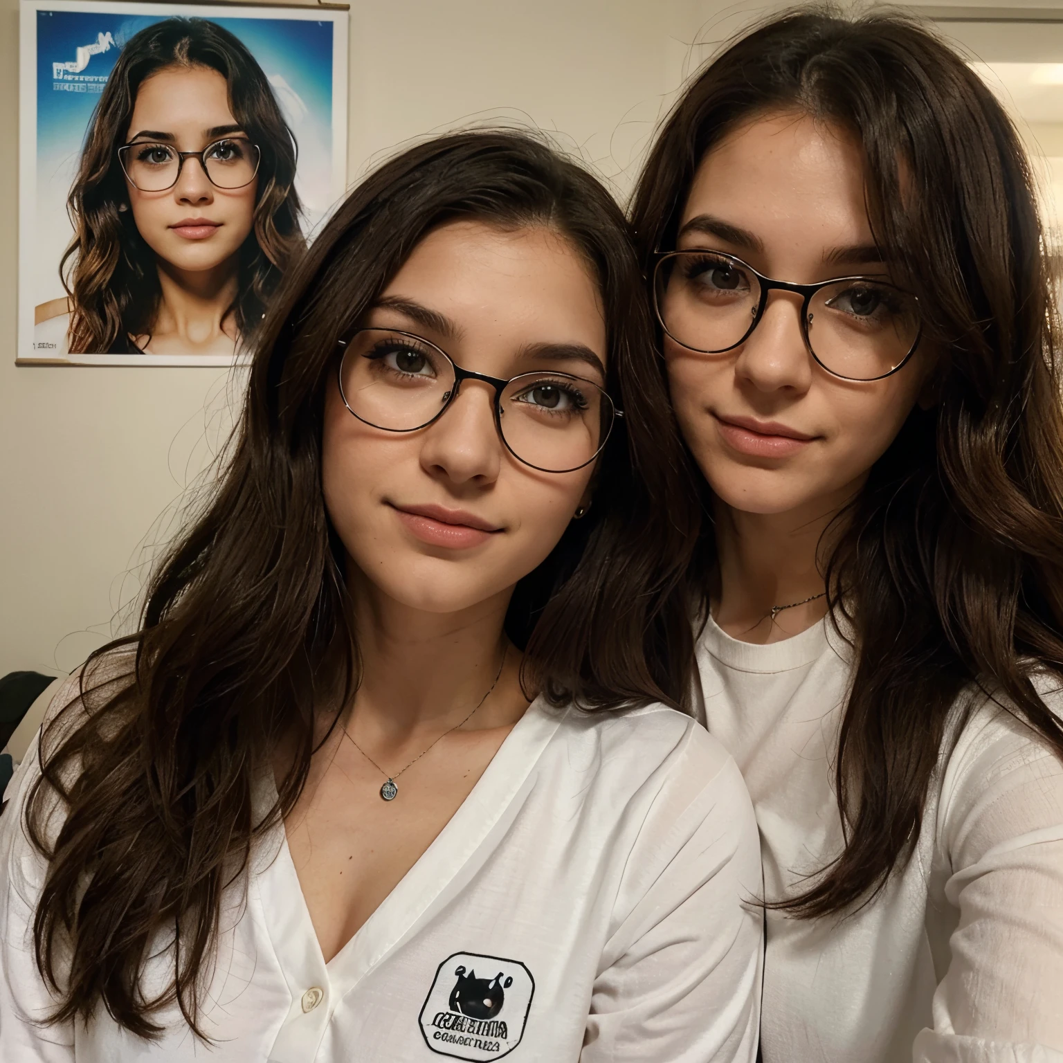 create a poster of the main characters as a “DISNEY PIXAR” style couple, de uma menina de 21 anos, olhos escuros, straight to wavy hair down to the chest, sem franja, who is light brunette with dark brown hair and wears black cat-eye glasses and has psychology as a profession together with her boyfriend who is white, careca, tem olhos escuros, has no hair, has a large Arabic-style nose, and it&#39;s chemical