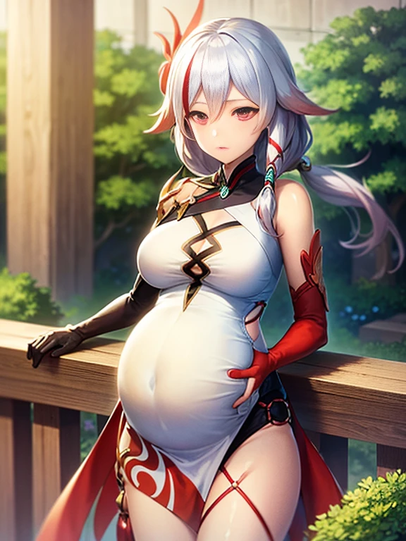 (masterpiece, best quality:1.2), cowboy shot, solo, 1girl, hi3fuhua, expressionless, looking at viewer, ponytail, hair ornament, china dress, sleeveless dress, single thighhigh, gloves, bare shoulders, big breasts, large breasts, pregnant