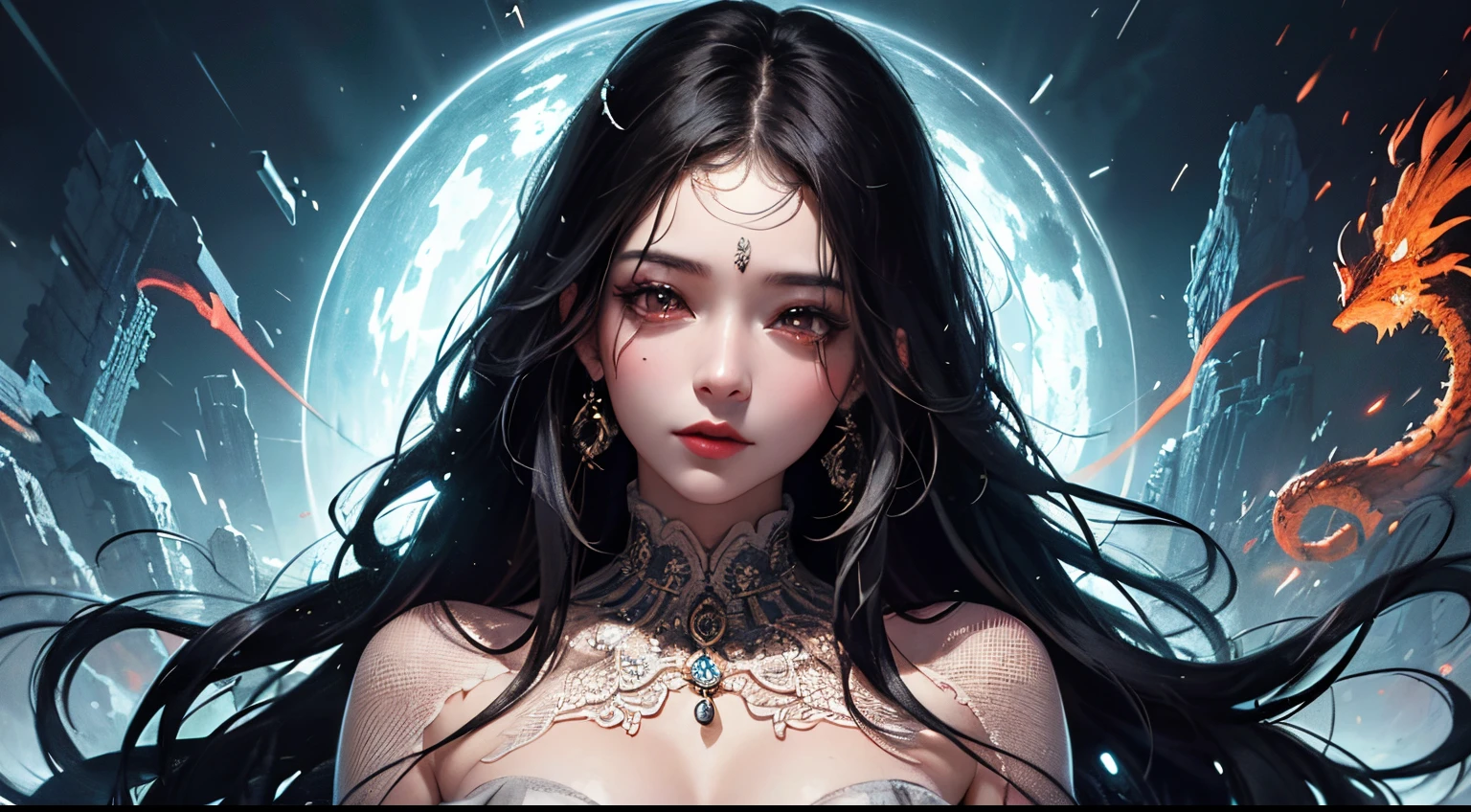 (Masterpiece, Top Quality, Best Quality, Oriental Art, Beauty and Aesthetics: 1.2), (1girl), Extremely Detailed Inky Eyes, (Fractal Art: 1.3), Color Black and White, Most Detailed, (Perfect Face), Shiny Skin, Waterfall, (Light Pattern), Striking Visual Effects, (Dynamic Stripes, Glow Track: 1.2), Bright Colors, Warrior