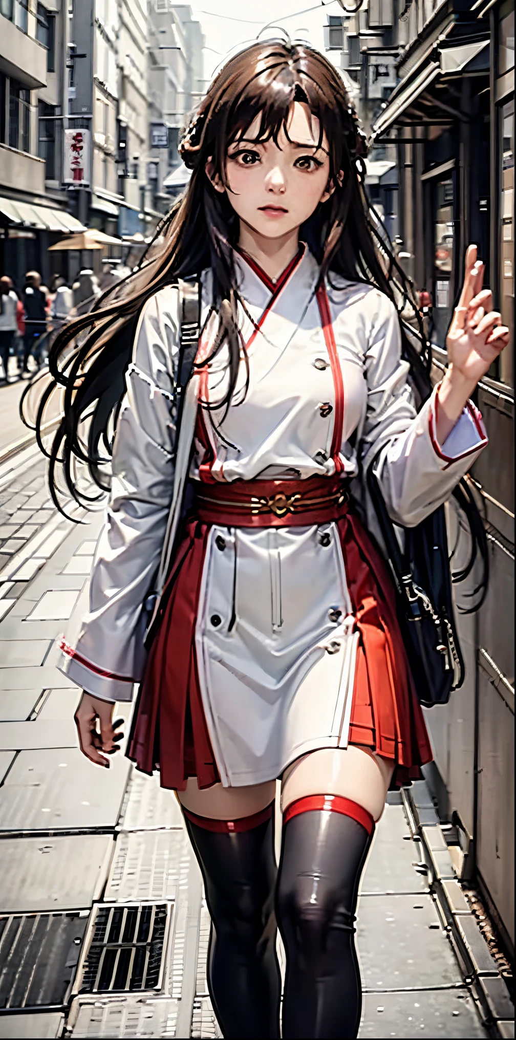 ((best quality))), (((masterpiece))), ((perfect face)),nsfw,One woman, long black hair, in the city, looking at us, embarrassed, curious, unrequited love,  Japan, nostalgic,teasing, bashful,((confesses and runs away)),asuna yuuki,