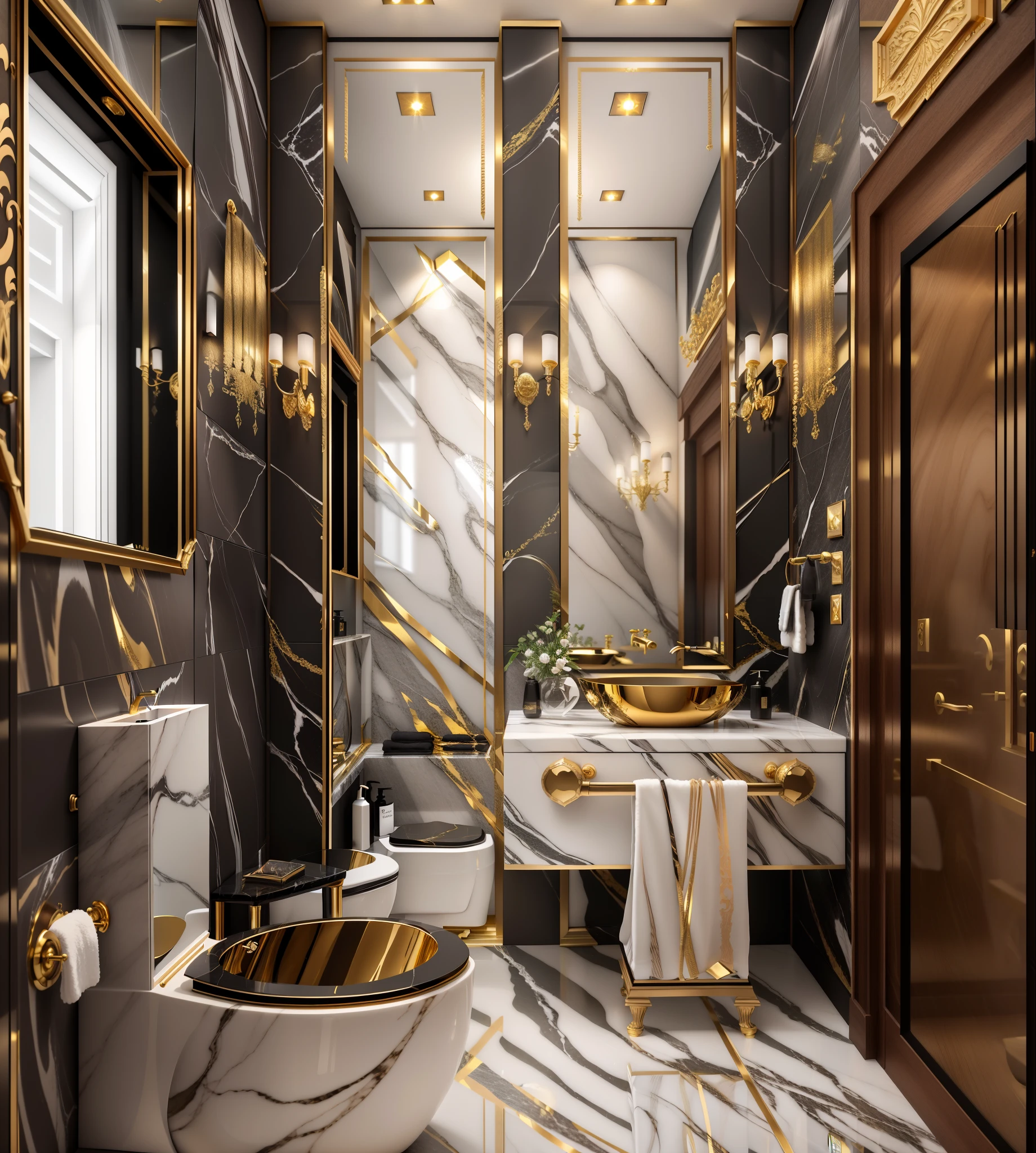 arafed bathroom with a toilet, sink, and mirror in it, wooden walls brass panels, marble walls, premium bathroom design, modern bathroom, gold and black color scheme, black marble and gold, mirror and glass surfaces, luxurious, gold and luxury materials, marble and wood and glass, black gold color scheme, high quality 3 d render, high quality 3d render