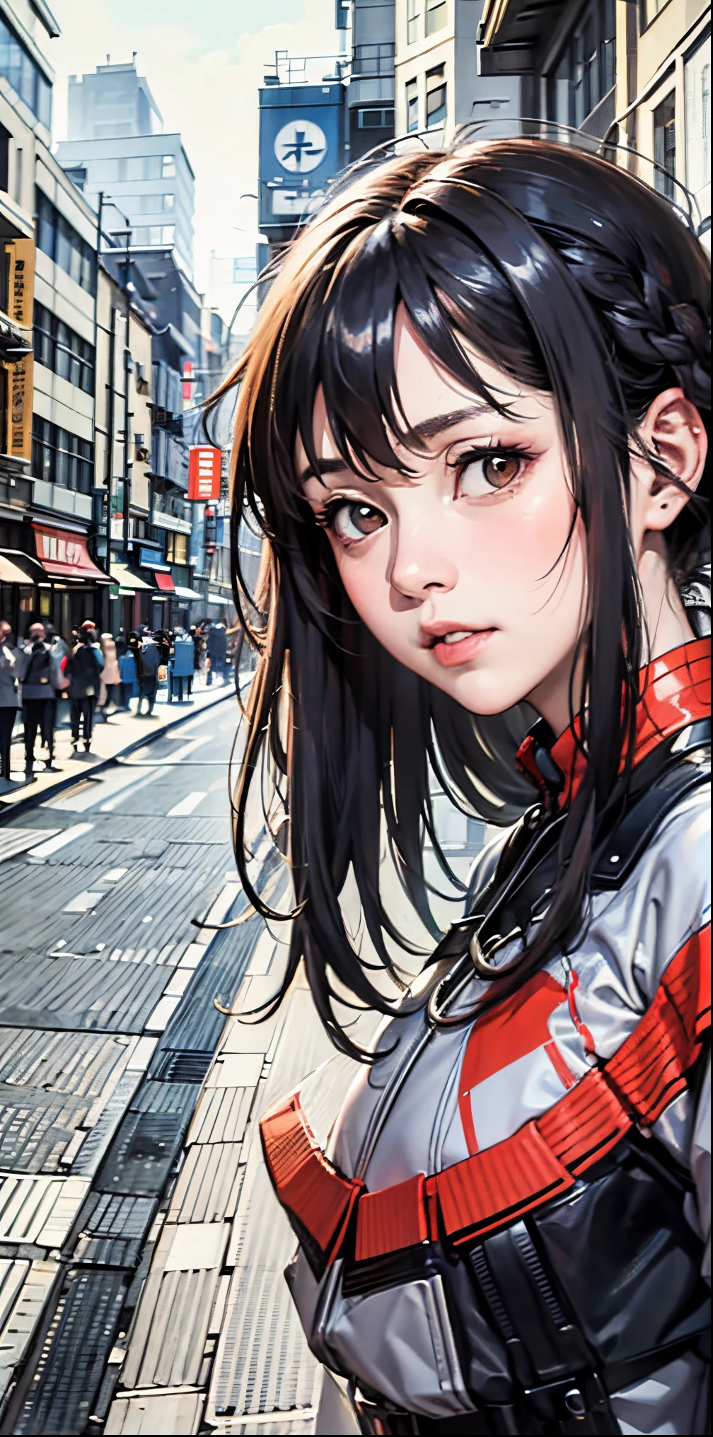 ((best quality))), (((masterpiece))), ((perfect face)),nsfw,One woman, long black hair, in the city, looking at us, embarrassed, curious, unrequited love,  Japan, nostalgic,teasing, bashful,((confesses and runs away)),asuna yuuki,