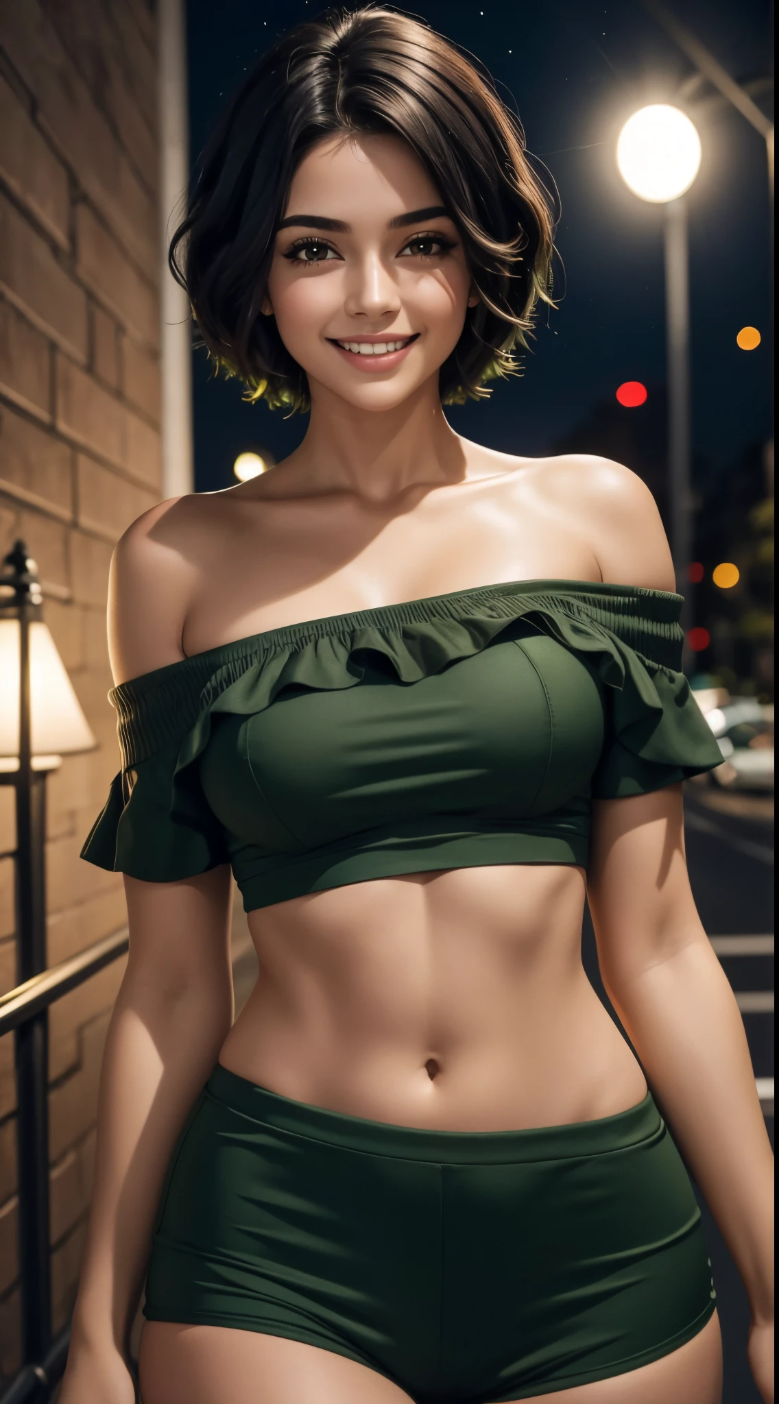 uma jovem de cabelo preto, olhos verdes, short hair up to the shoulders, ela em uma barzinho, it is night time, com roupas leves e bonitas, com riqueza de detalhes, melhor fotografia, obra prima, luz cinematografica, sorridente, mostrando os dentes, feliz,